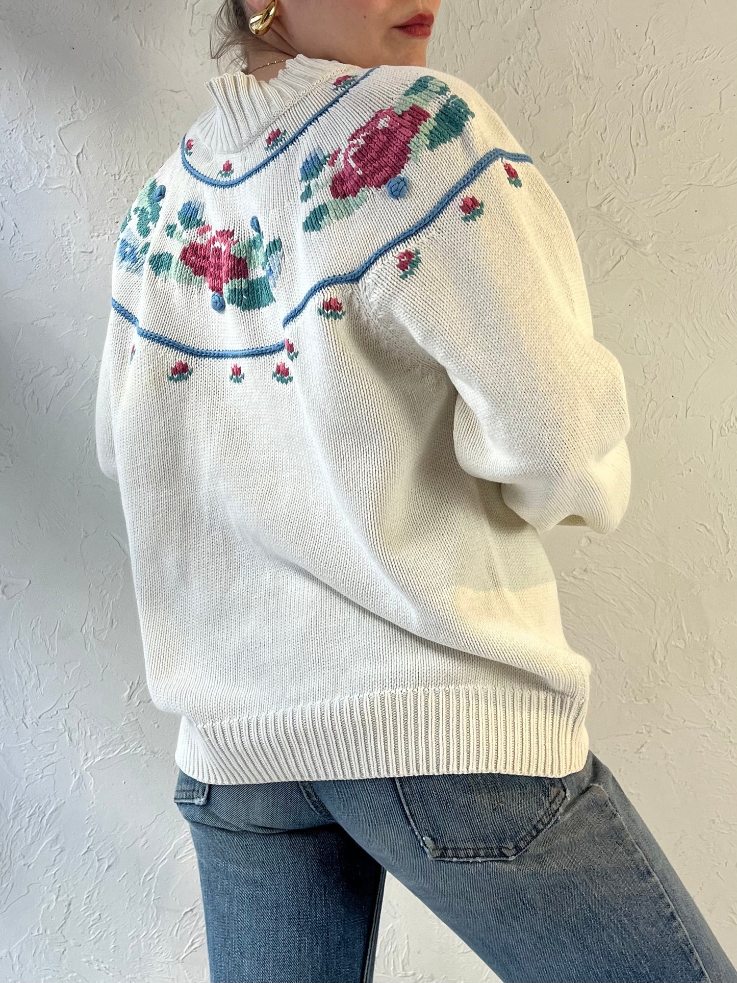 90s ‘North Country’ Floral Knit Sweater / Medium