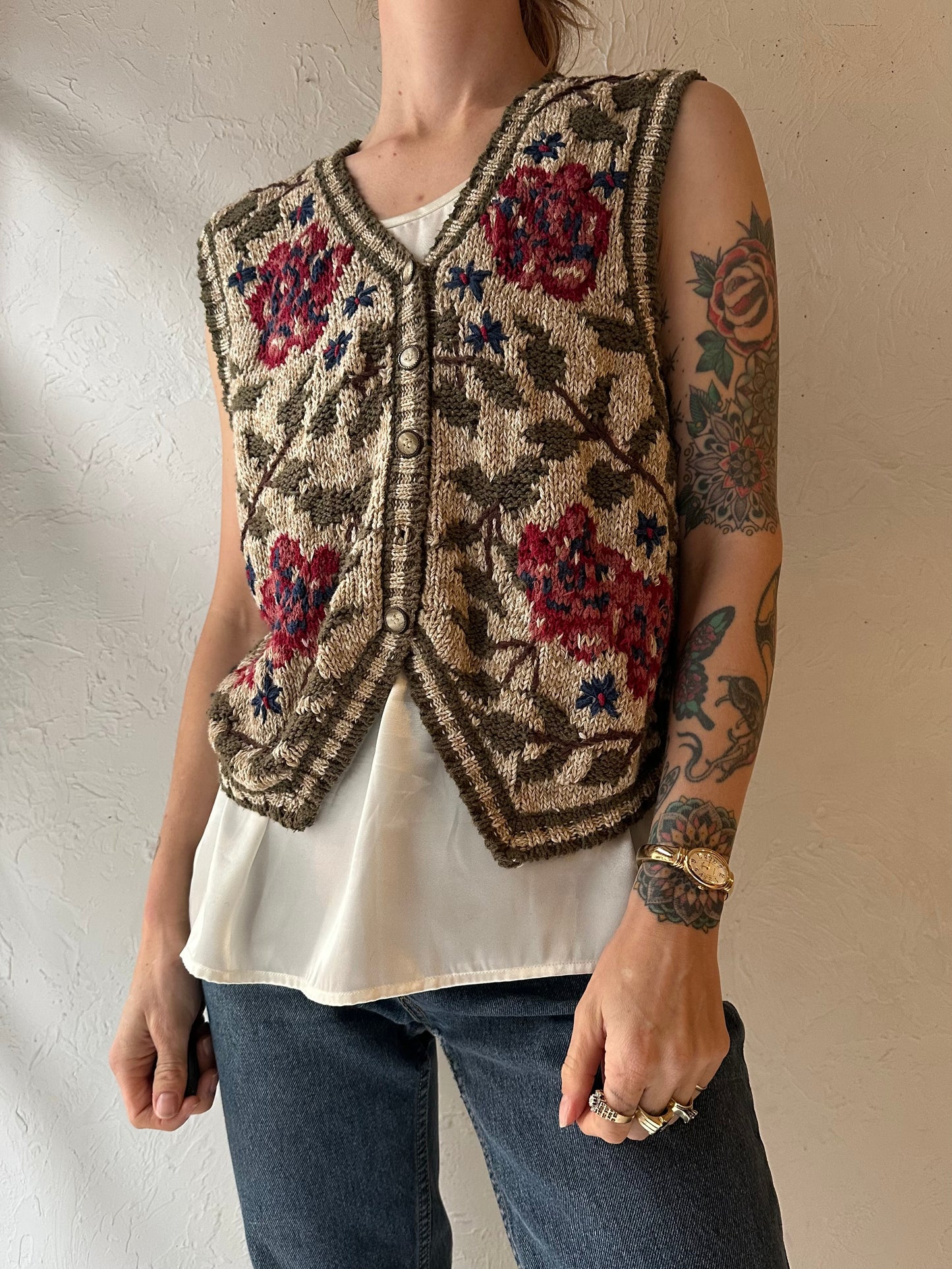 90s 'Lizwear' Cotton Knit Vest / Medium