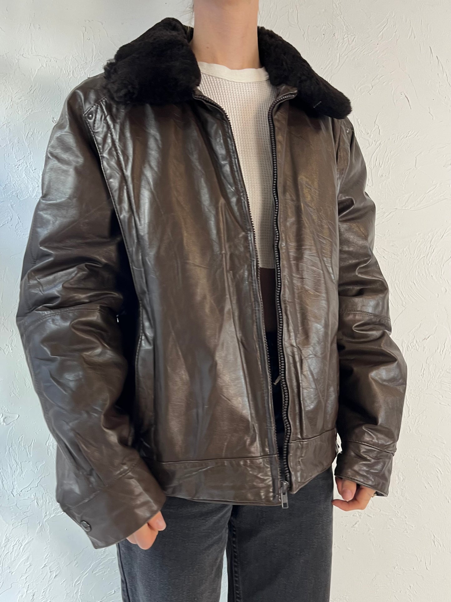 90s 'Members Only' Brown Leather Flight Jacket / Large
