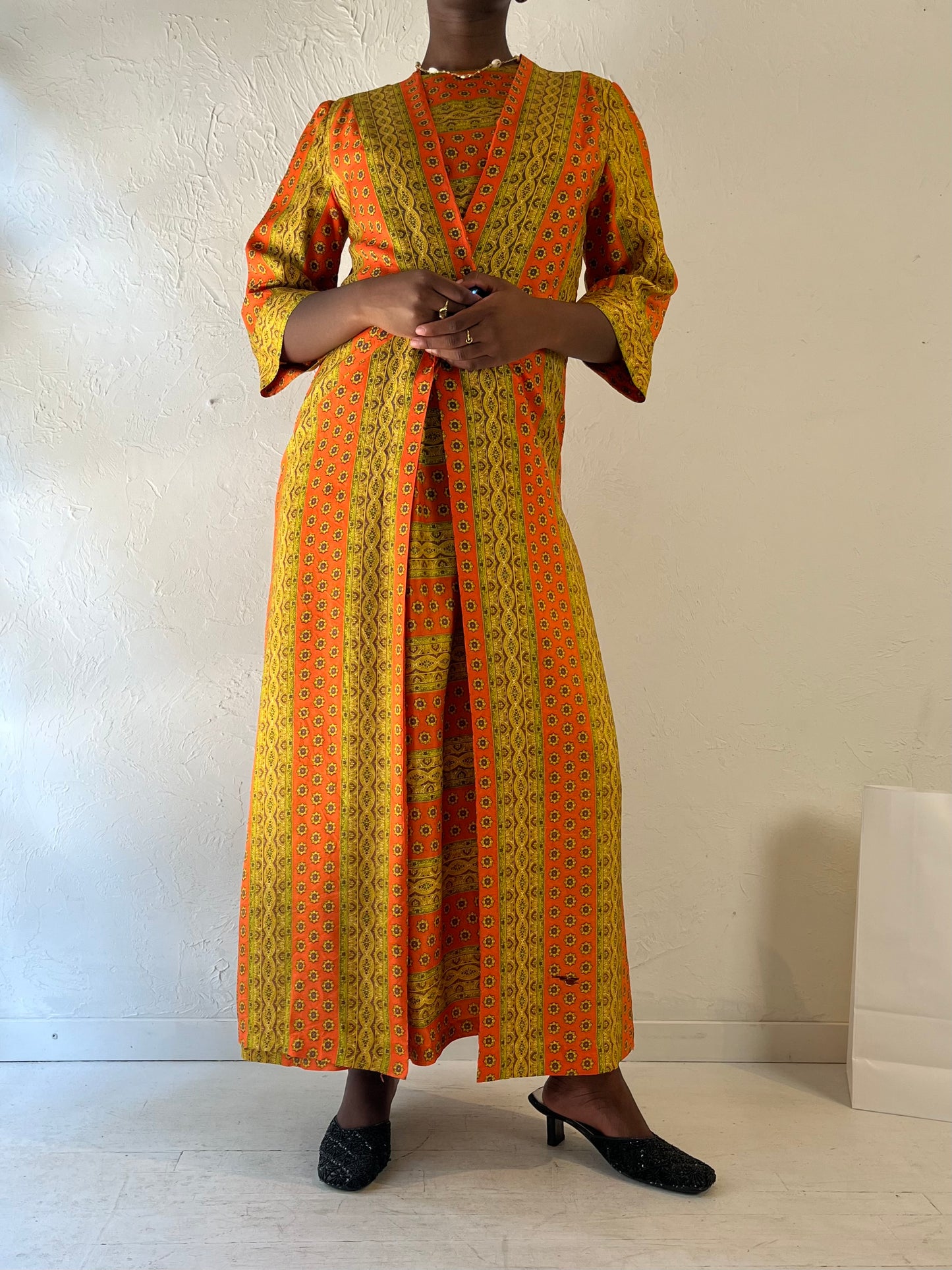 70s ‘Fifth Avenue Robes’ Orange Patterned Kaftan / Medium