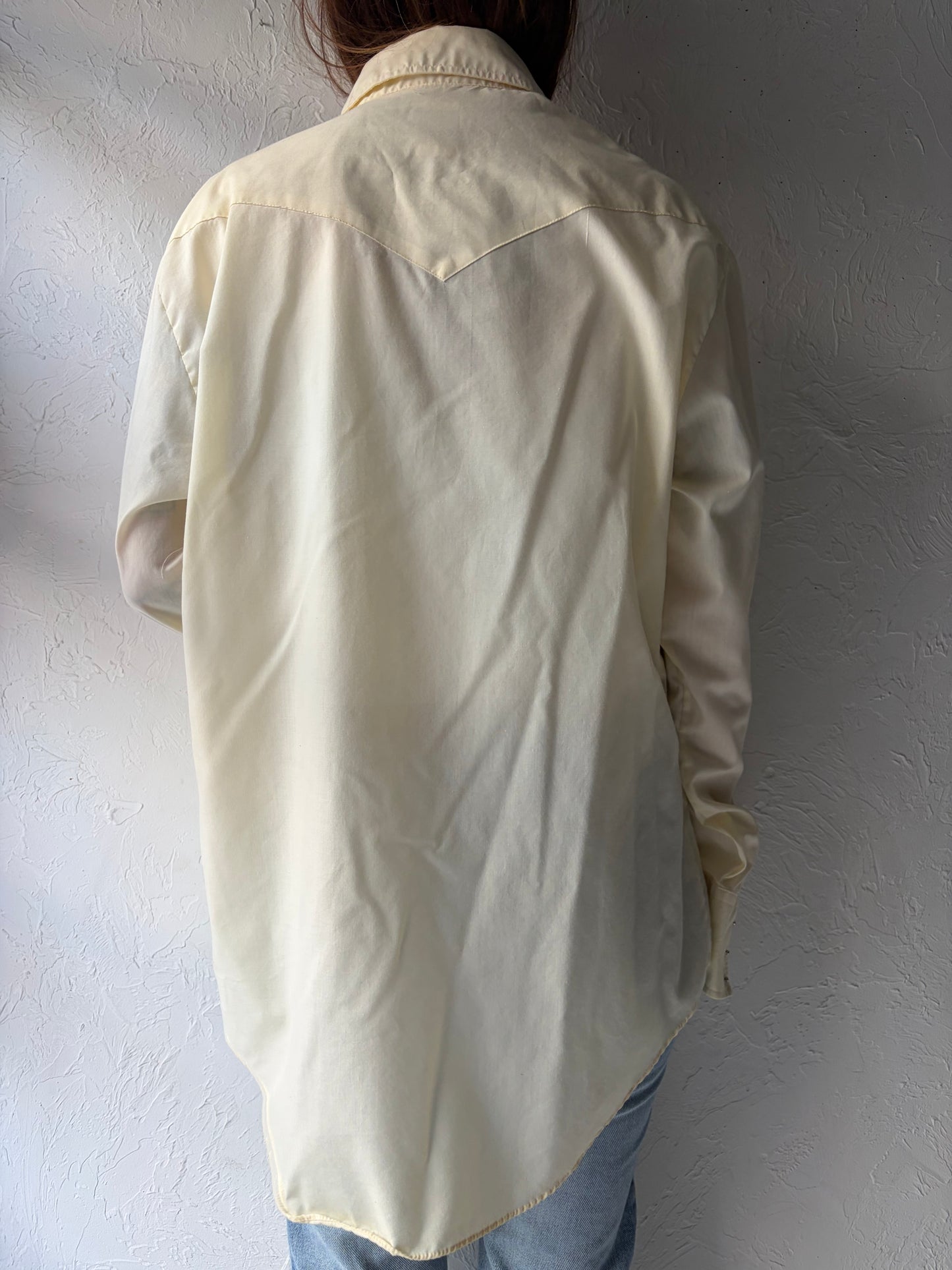 80s 'Barb' Cream Embroidered Western Pearl Snap Up Shirt / Vintage 1980s Cowboy Work Wear Shirt / Large