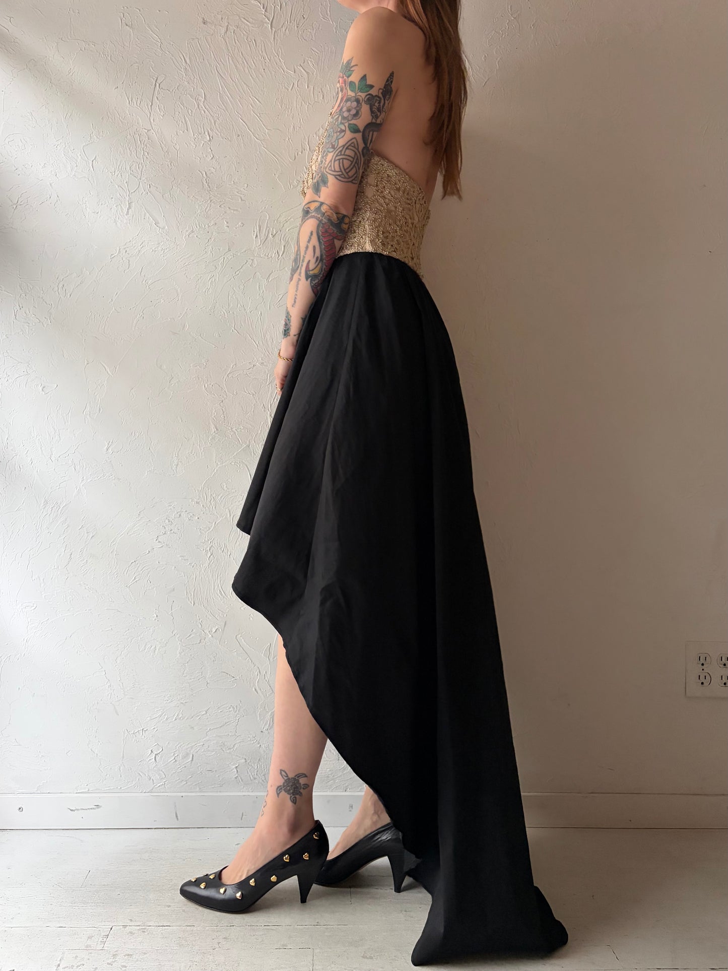 Y2k 'Be Smart' Gold & Black Formal Prom Halter Maxi Dress / Small
