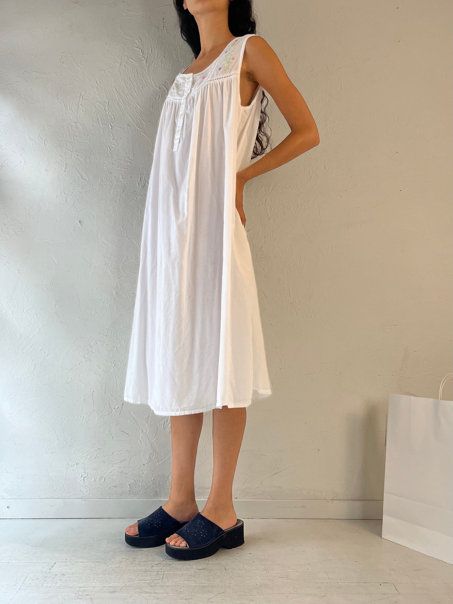 Vintage White Cotton Midi Dress / Medium