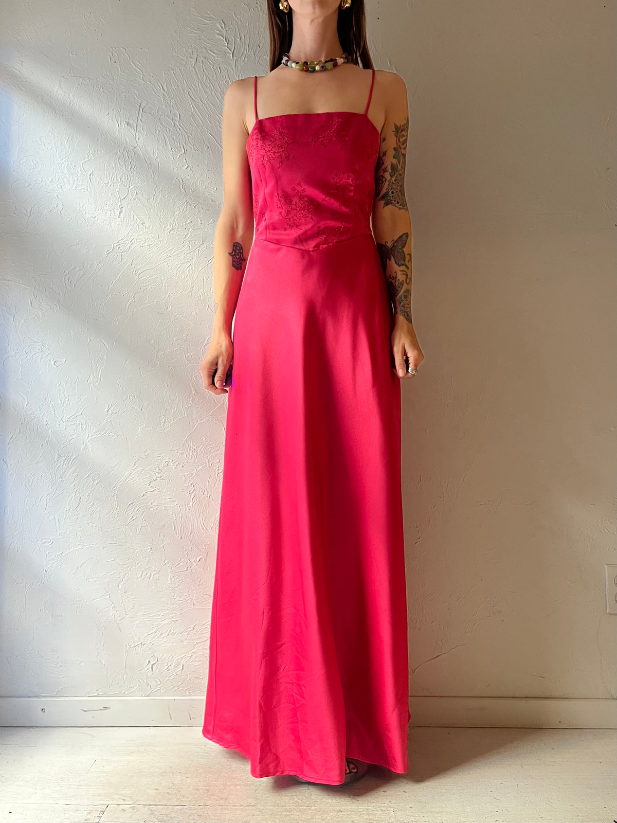 90s 'Be Smart" Hot Pink Minimalist Formal Maxi Party Prom Dress / Small