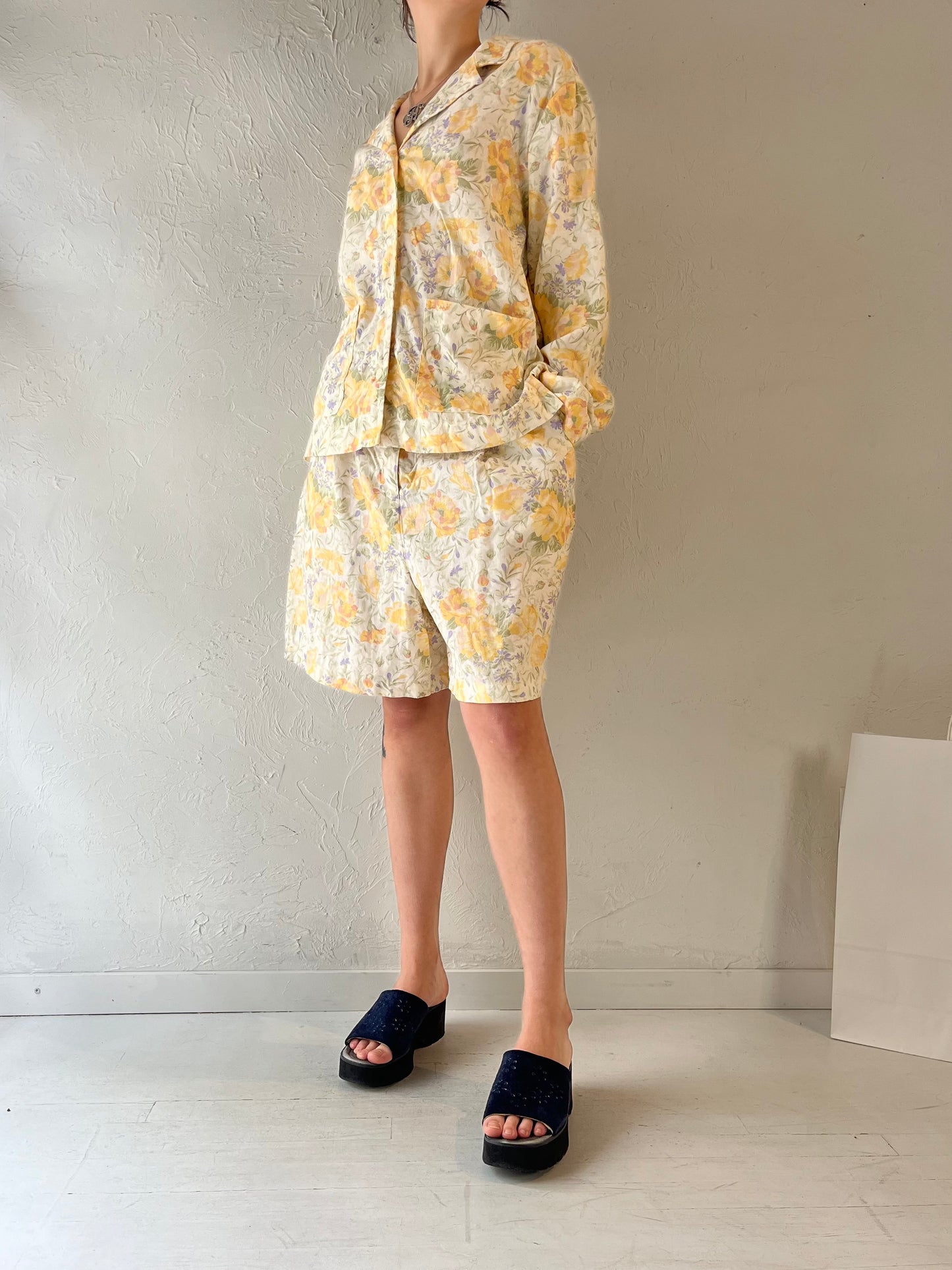 90s 'Jones Wear' Yellow Floral Linen Set / Large