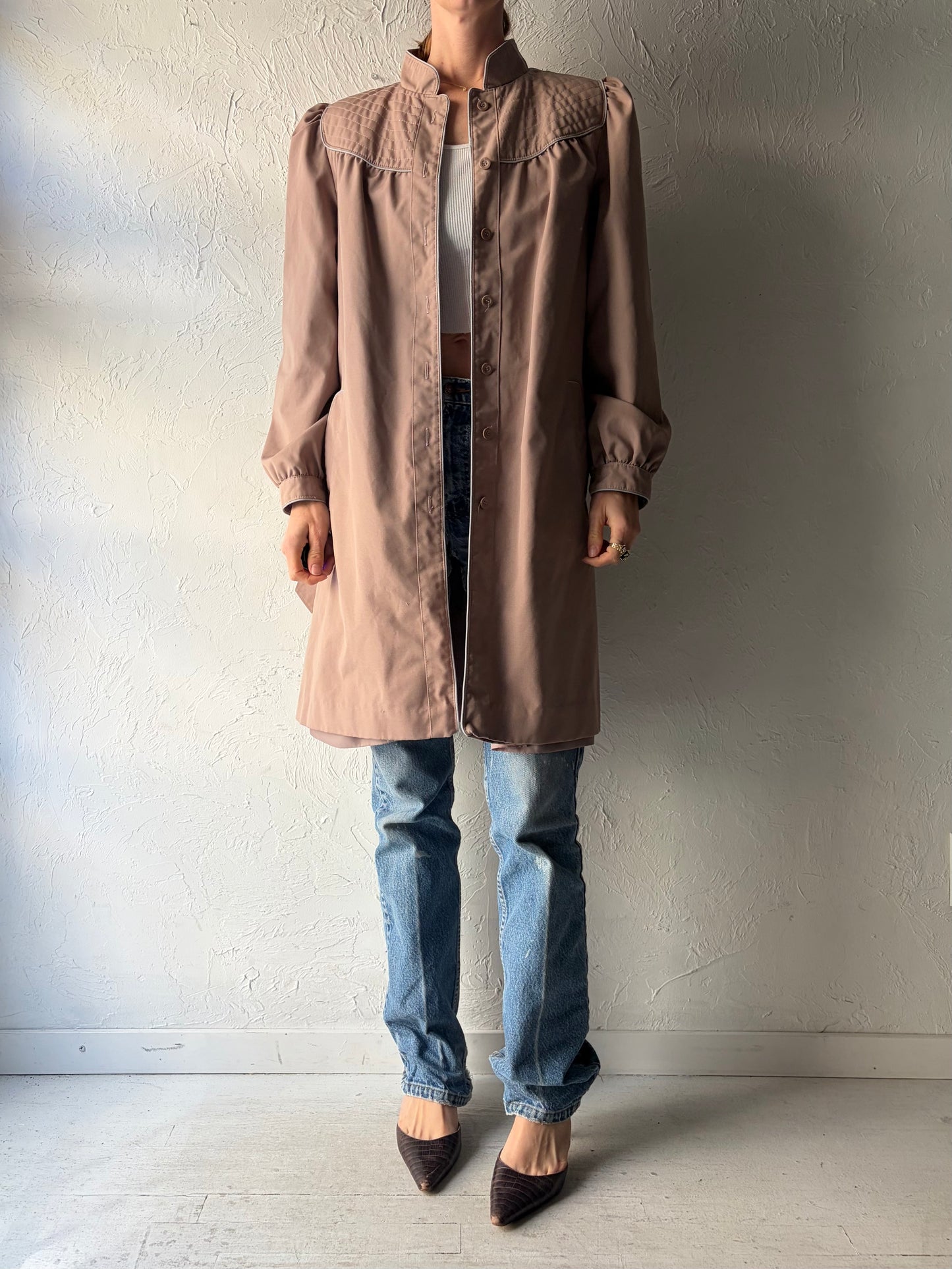 90s Vintage Pink Minimalist Half Trench Coat / 1990s Neutral Classic Lightweight Normcore Outerwear / Small