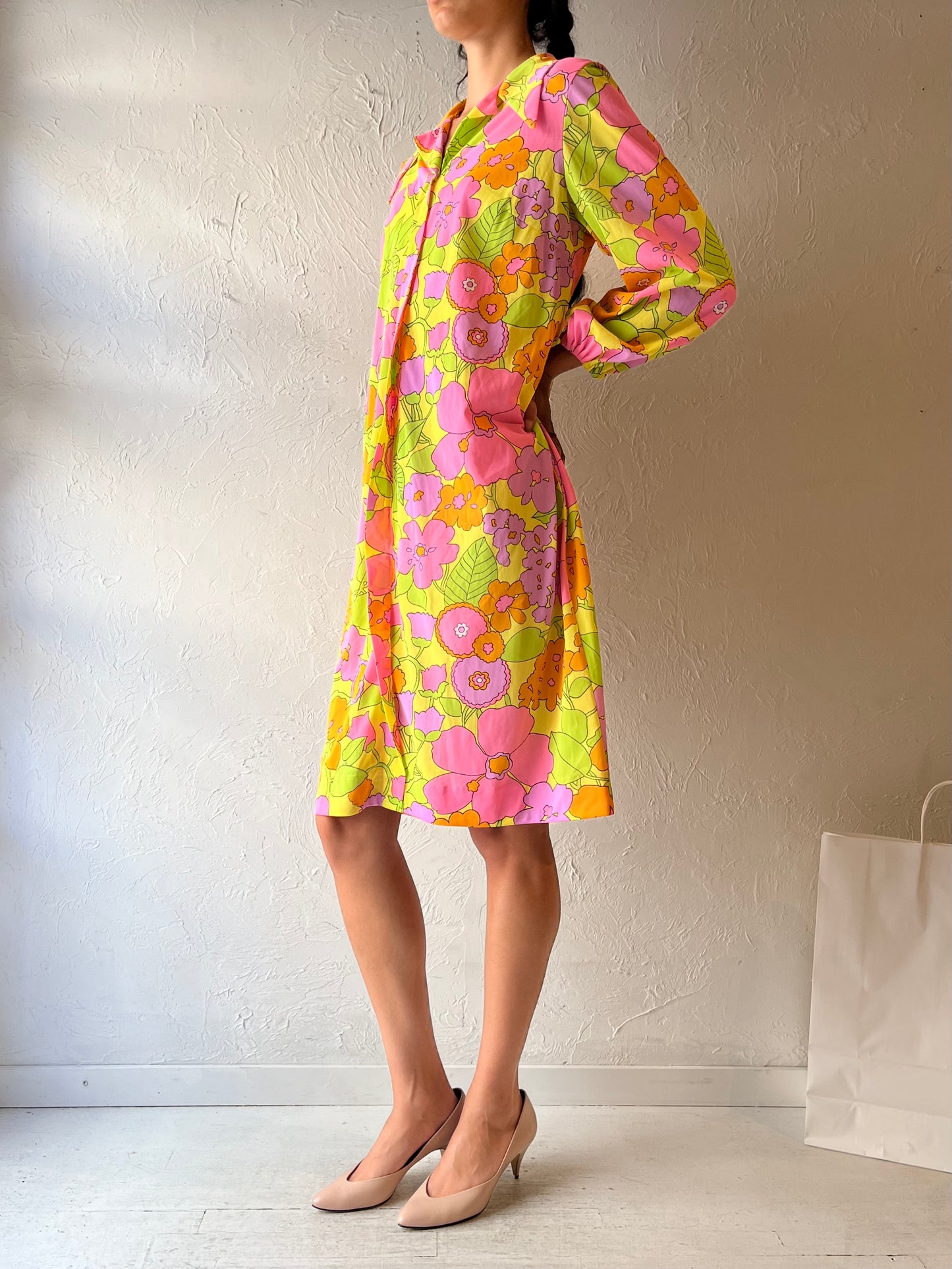 70s ‘Le Voys’ Retro Long Sleeve Shirt Dress / Medium