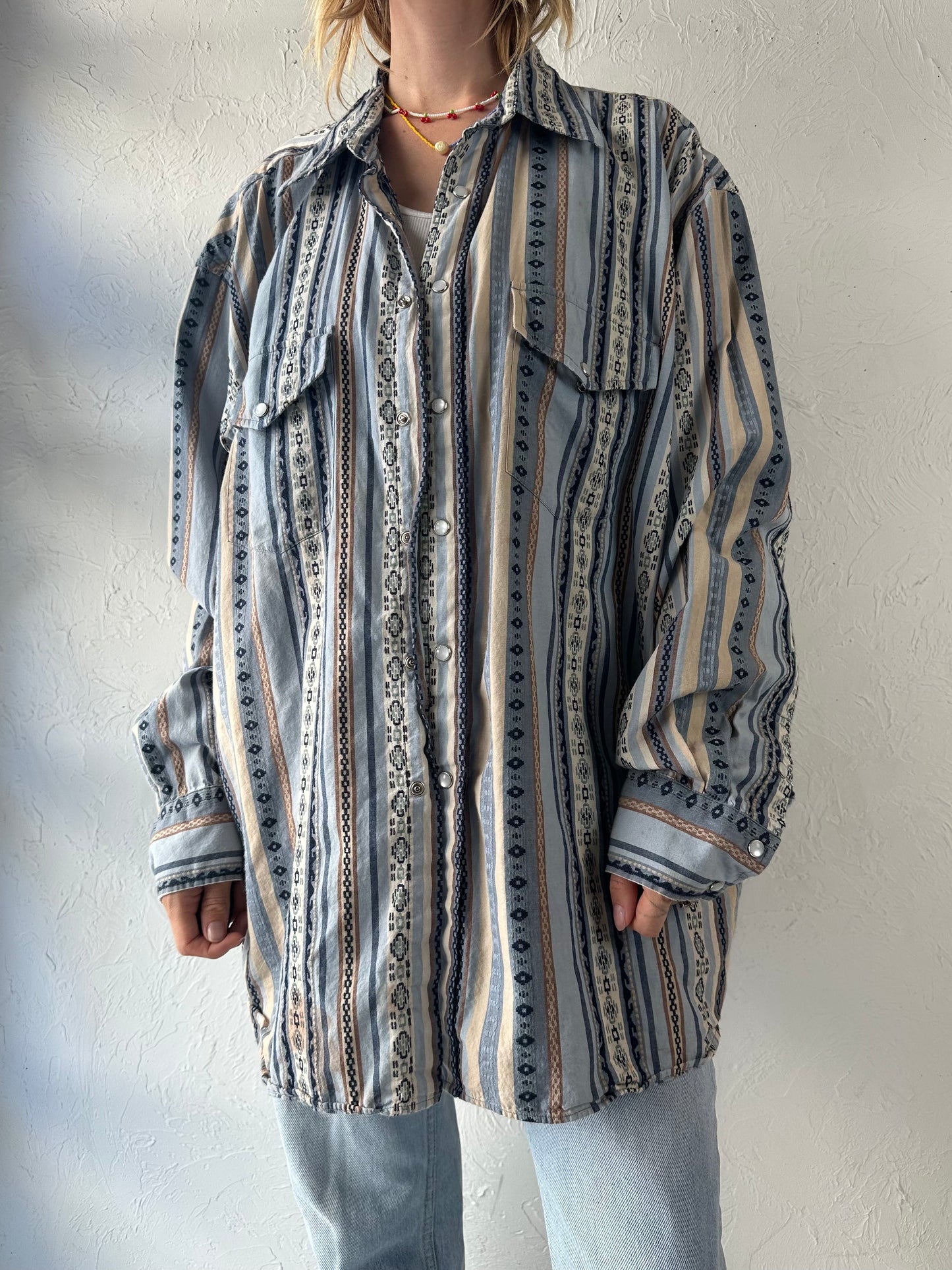 90s 'Pendleton' Blue Cotton Pearl Snap Shirt / XL