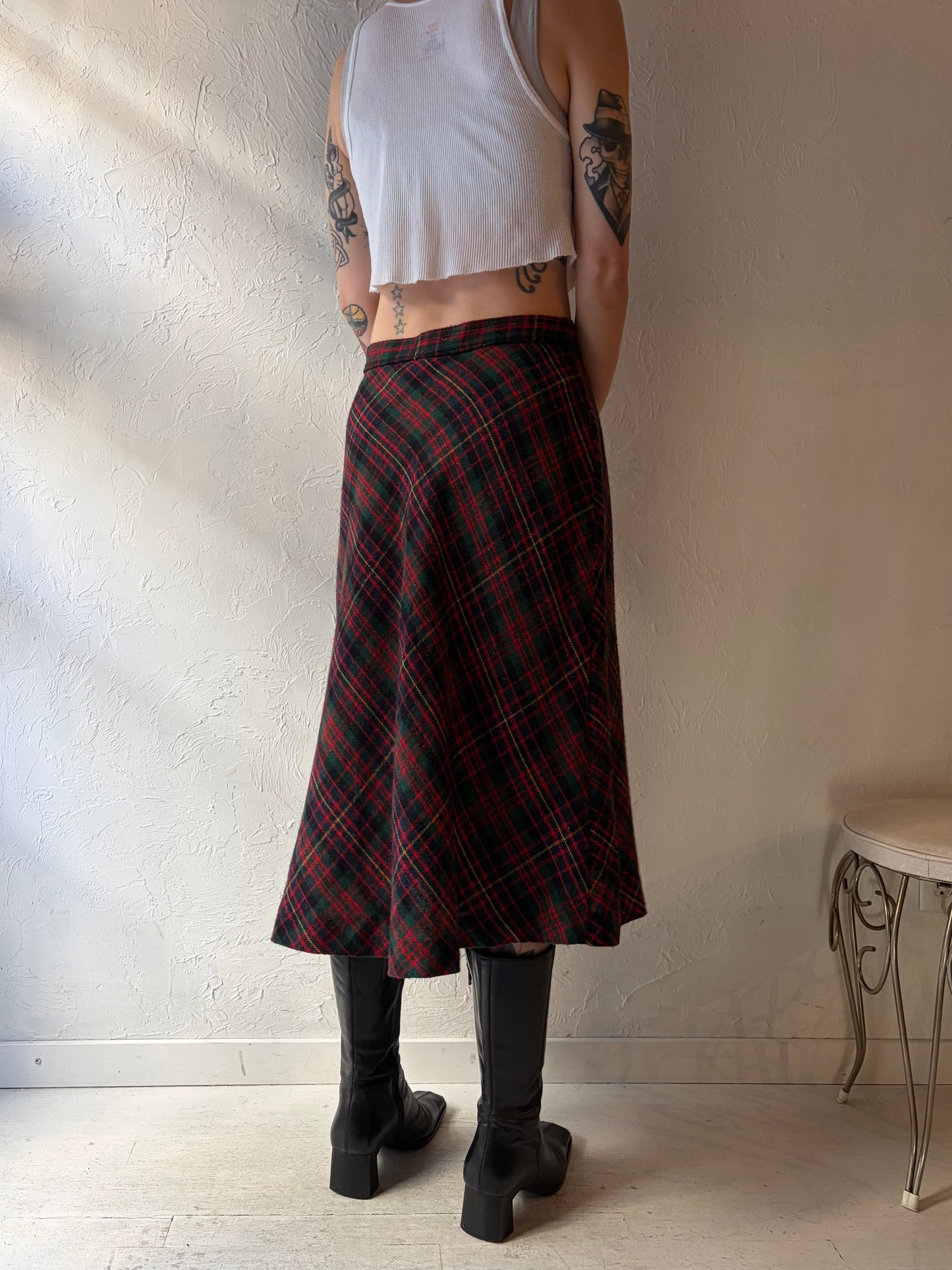 Vintage Plaid Knit Midi Skirt / Small - Medium