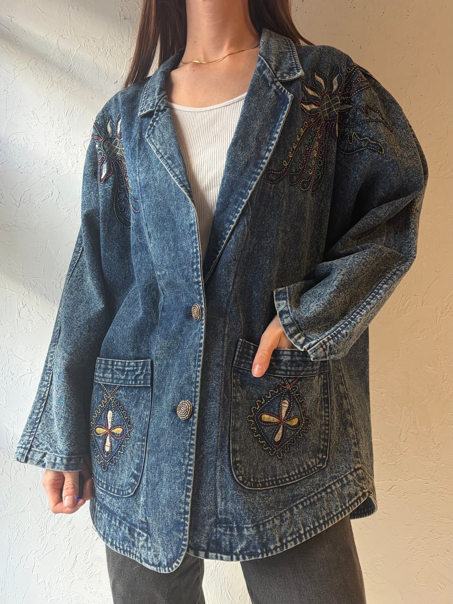 80s Vintage Retro Acid Wash Denim Jacket / 1980s Jean Blazer Style Jacket / Medium