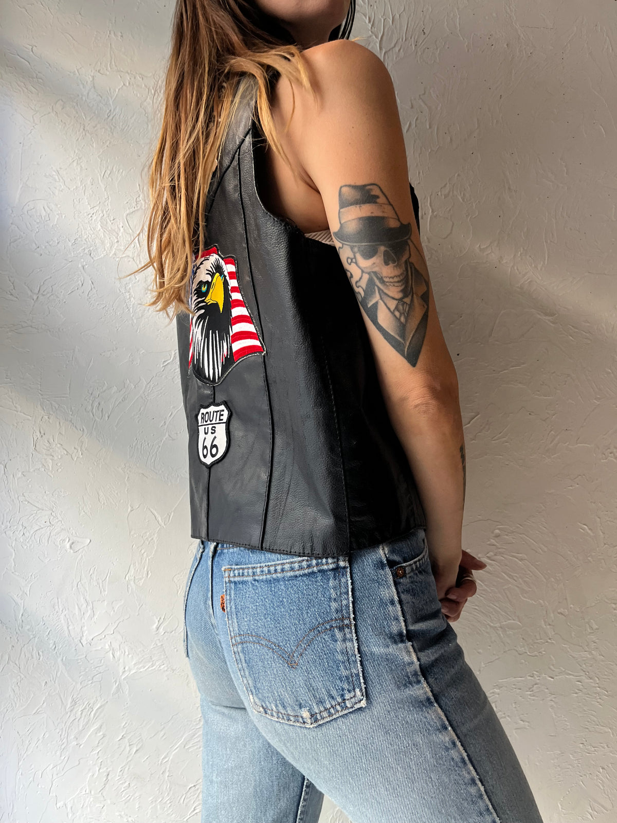 Vintage 'Highway Hawks' Harley Davidson Black Leather Moto Vest / Small