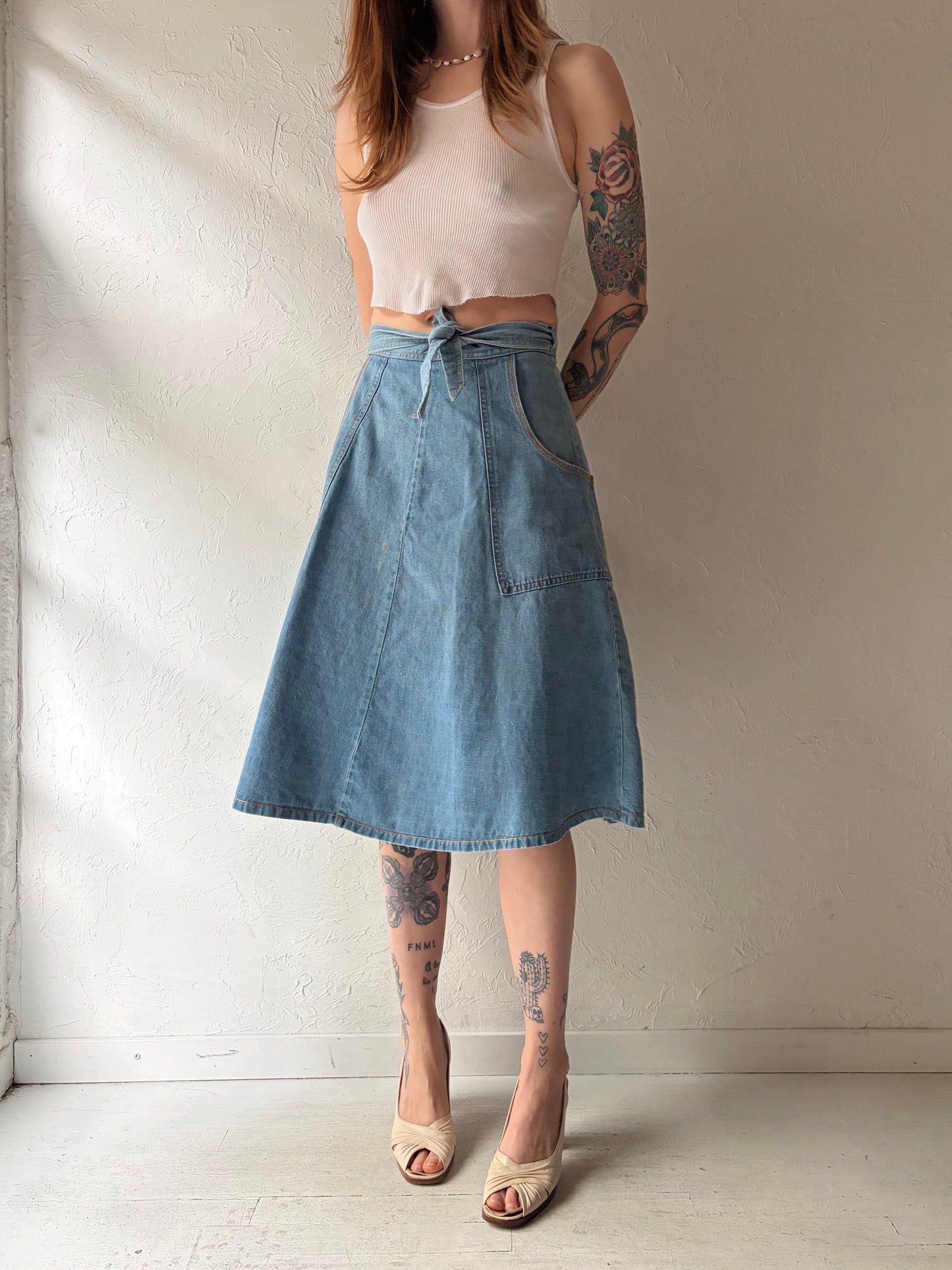 70s 'Pulse' Denim Western Wrap Summer Skirt/ Vintage 1970s Cowgirls Midi Skirt / Small