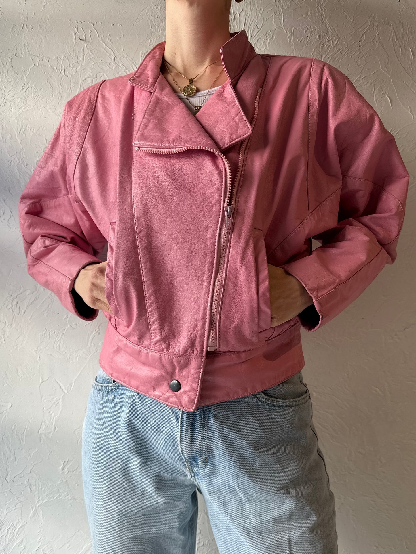 80s 90s 'Champion' Pink Leather Bomber Jacket / Small