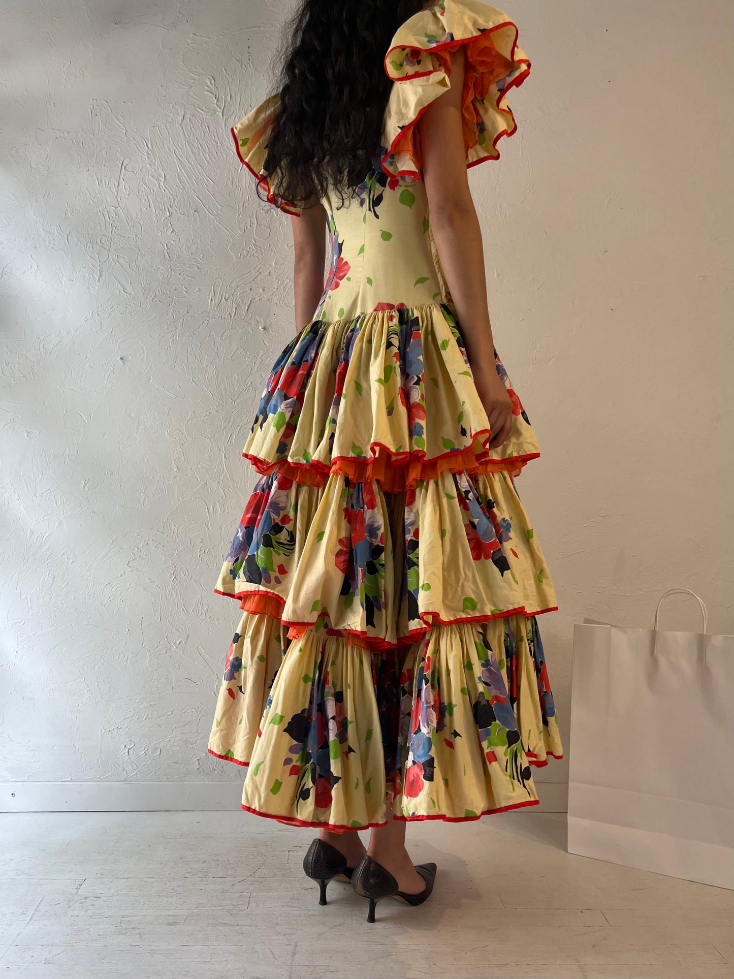 Vintage Handmade Yellow Floral Flamenco Dress / Small