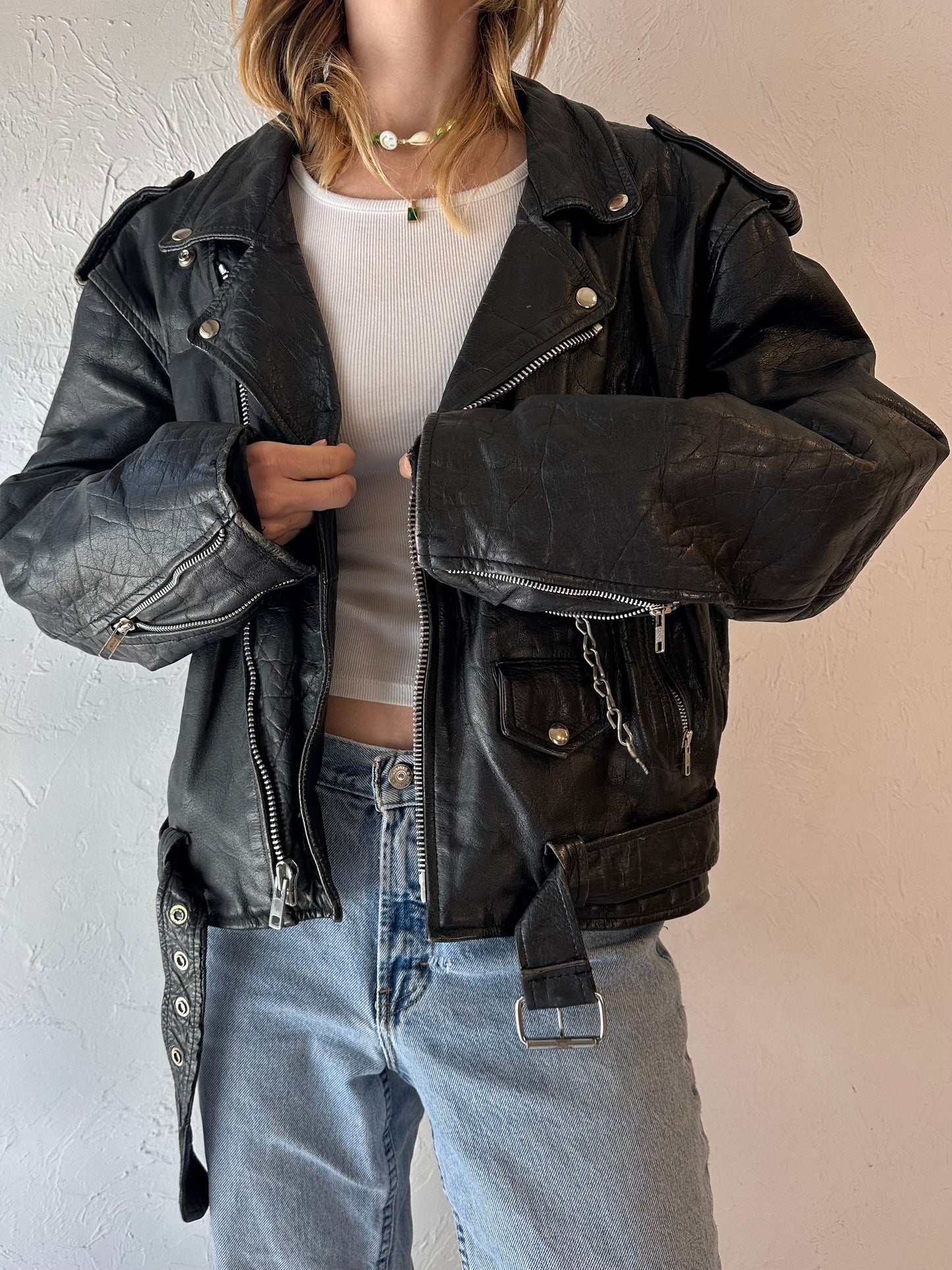 90s 'Genuine Leather' Heavy Duty Leather Moto Jacket / Large