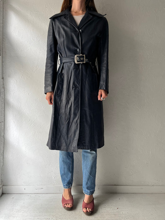 70s 'Park Leather International' Blue Leather Grunge Minimalist Boho Mod Trench Coat / Small