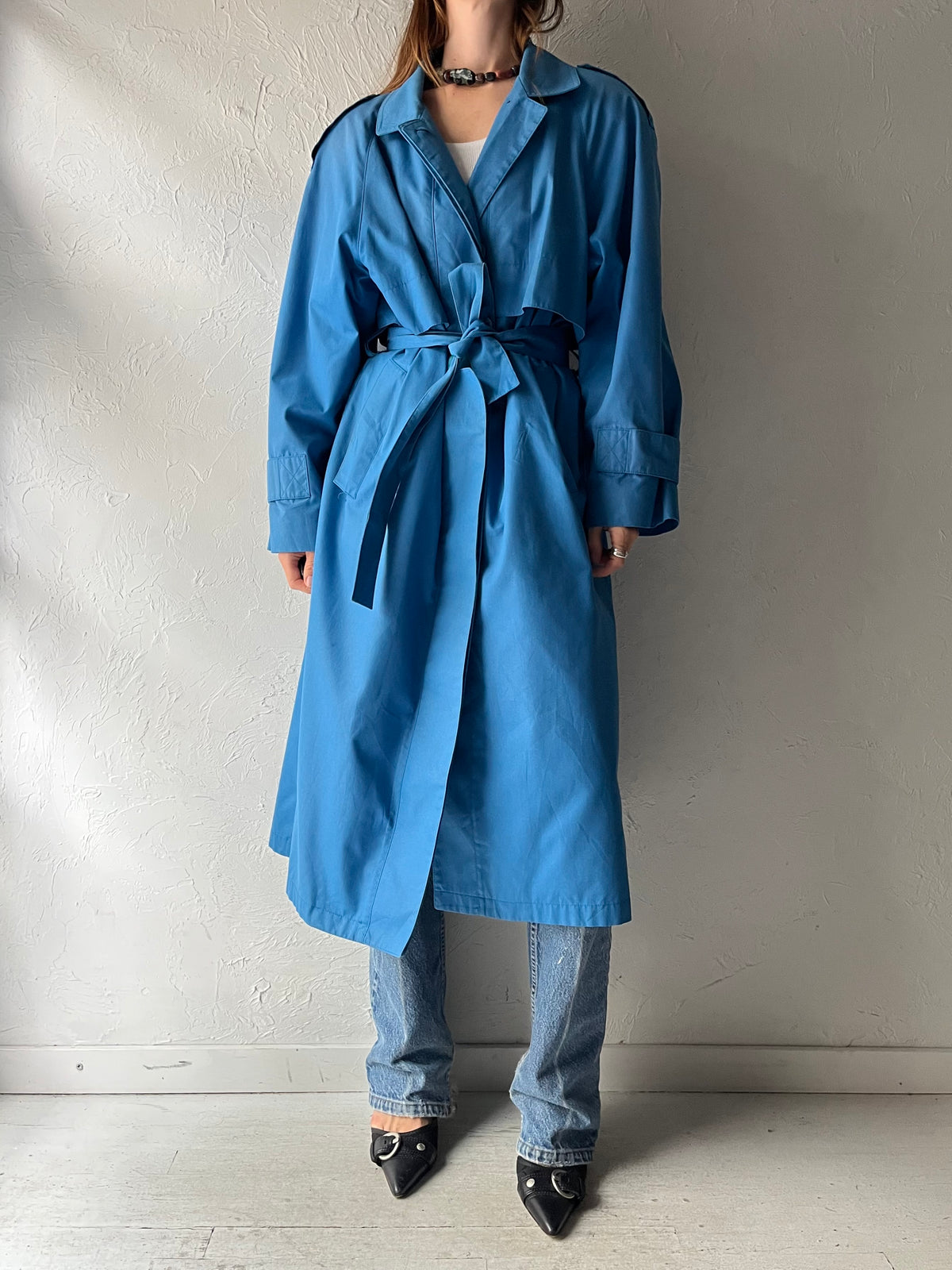 90s 'London Fog' Bright Blue Belted Minimalist Trench Coat Classic Longline Raincoat / Medium
