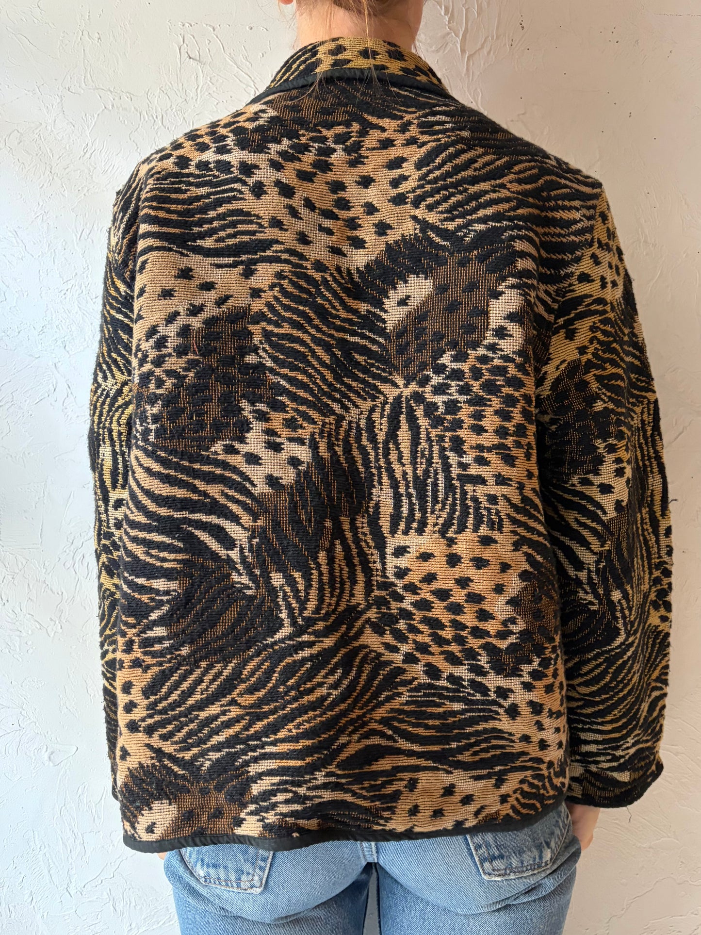 90s 'Jane Ashley' Animal Print Cotton Tapestry Jacket / Large