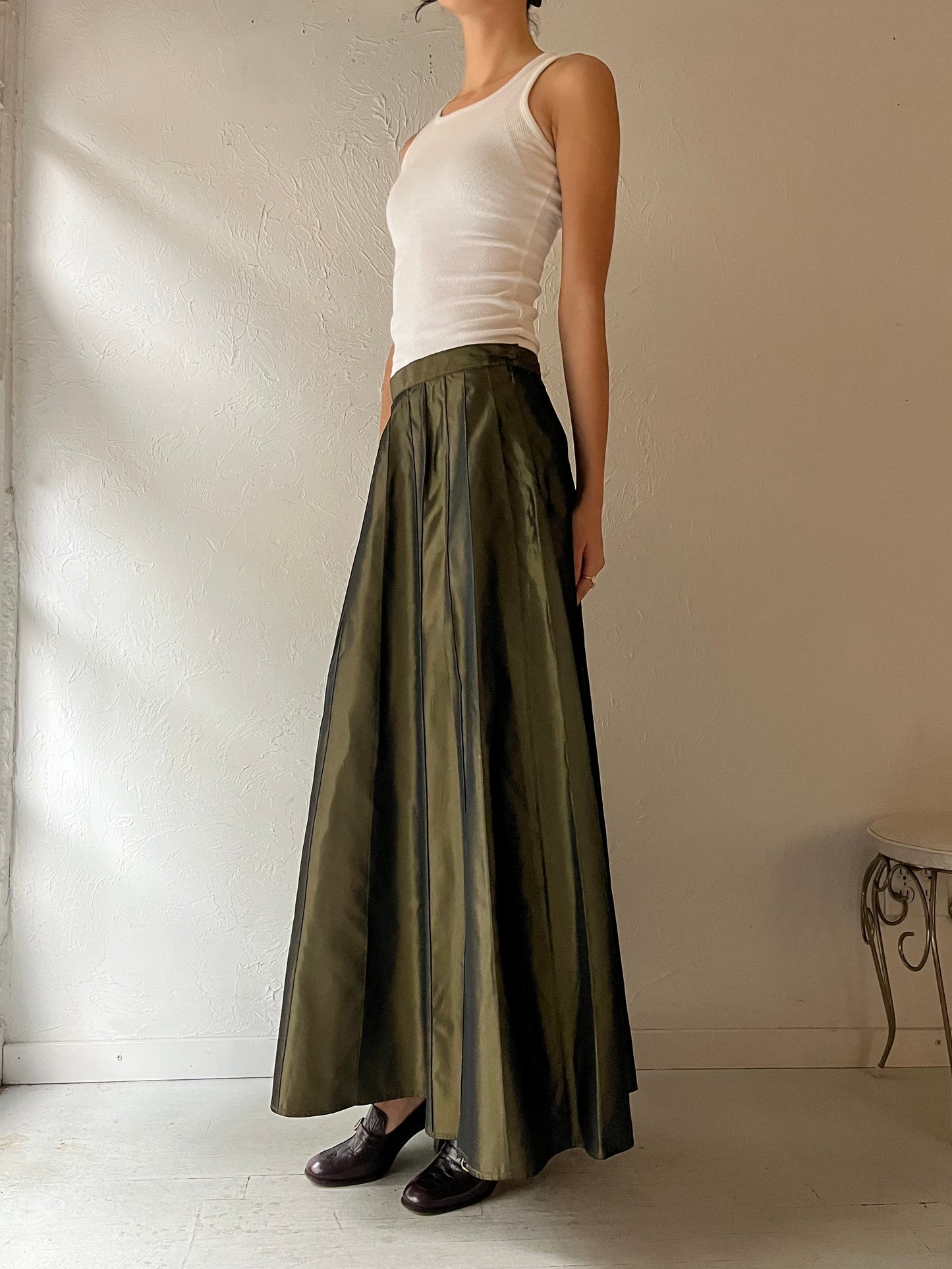 90s 'Nygard' Green Shiny Maxi Skirt / Medium