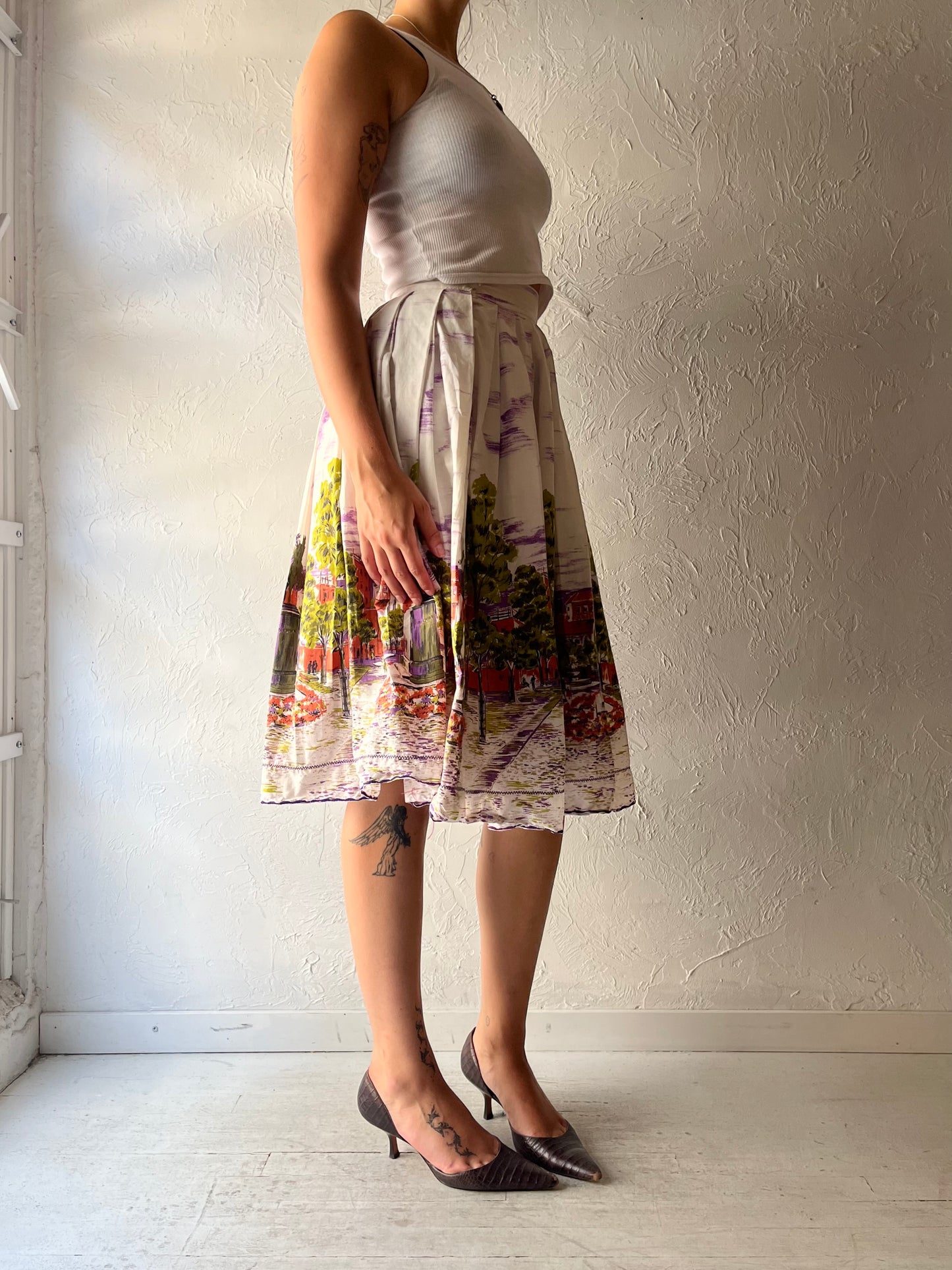 Vintage Handmade Cotton Novelty Print Pleated Midi Skirt / Small
