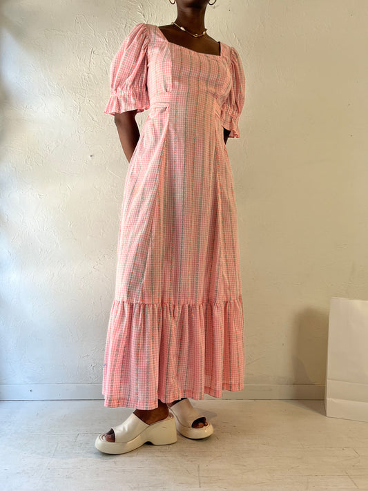 Vintage Pink Gingham Peasant Dress / Medium