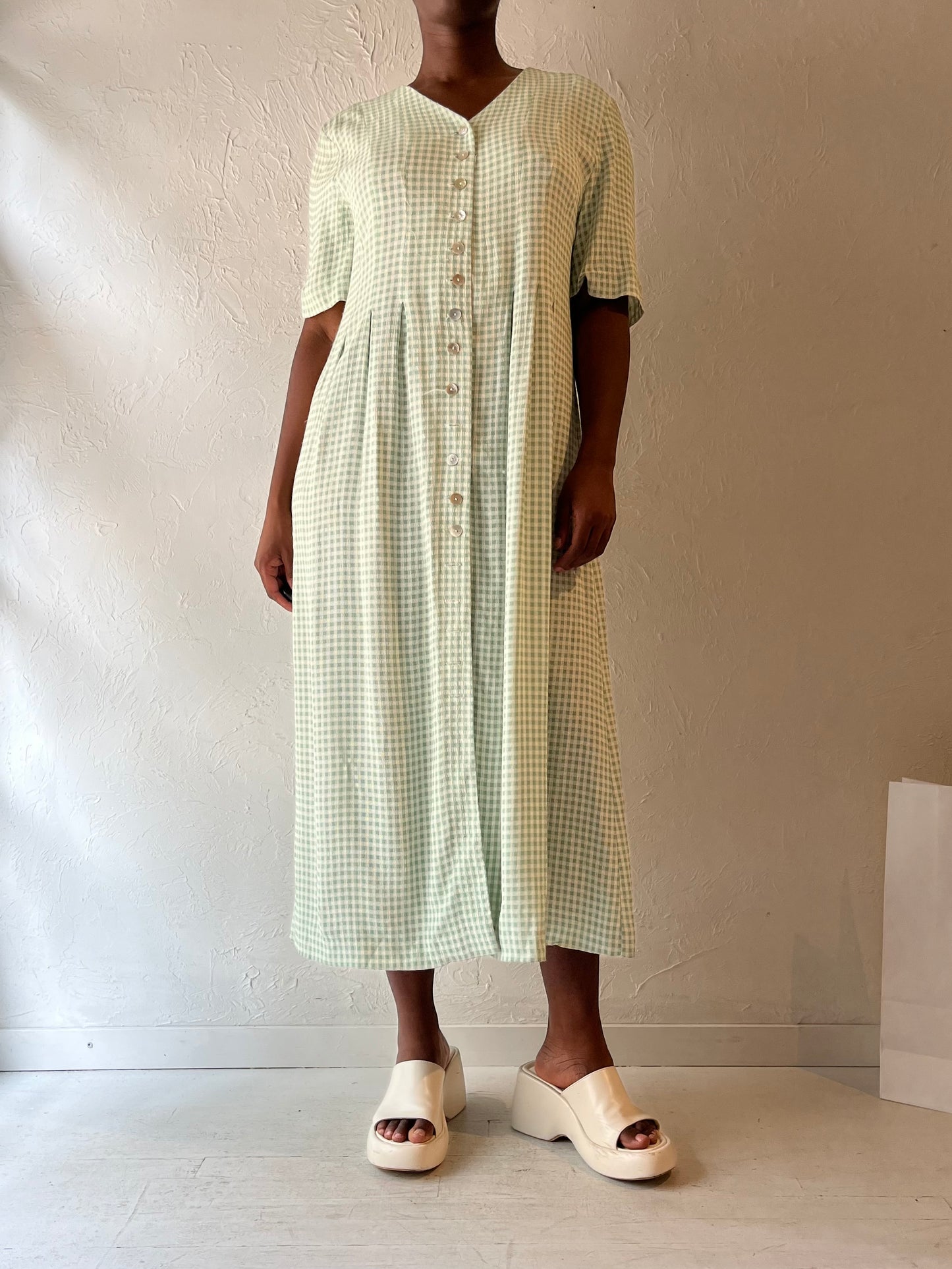 90s 'Lady Carol' Green Gingham Midi Dress / Large