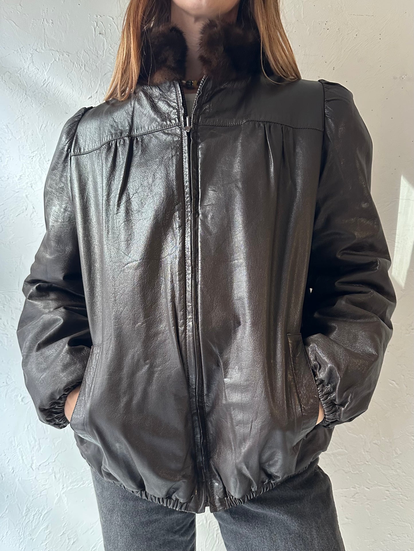 80s Reversible Fur and Leather Bomber Jacket / Small