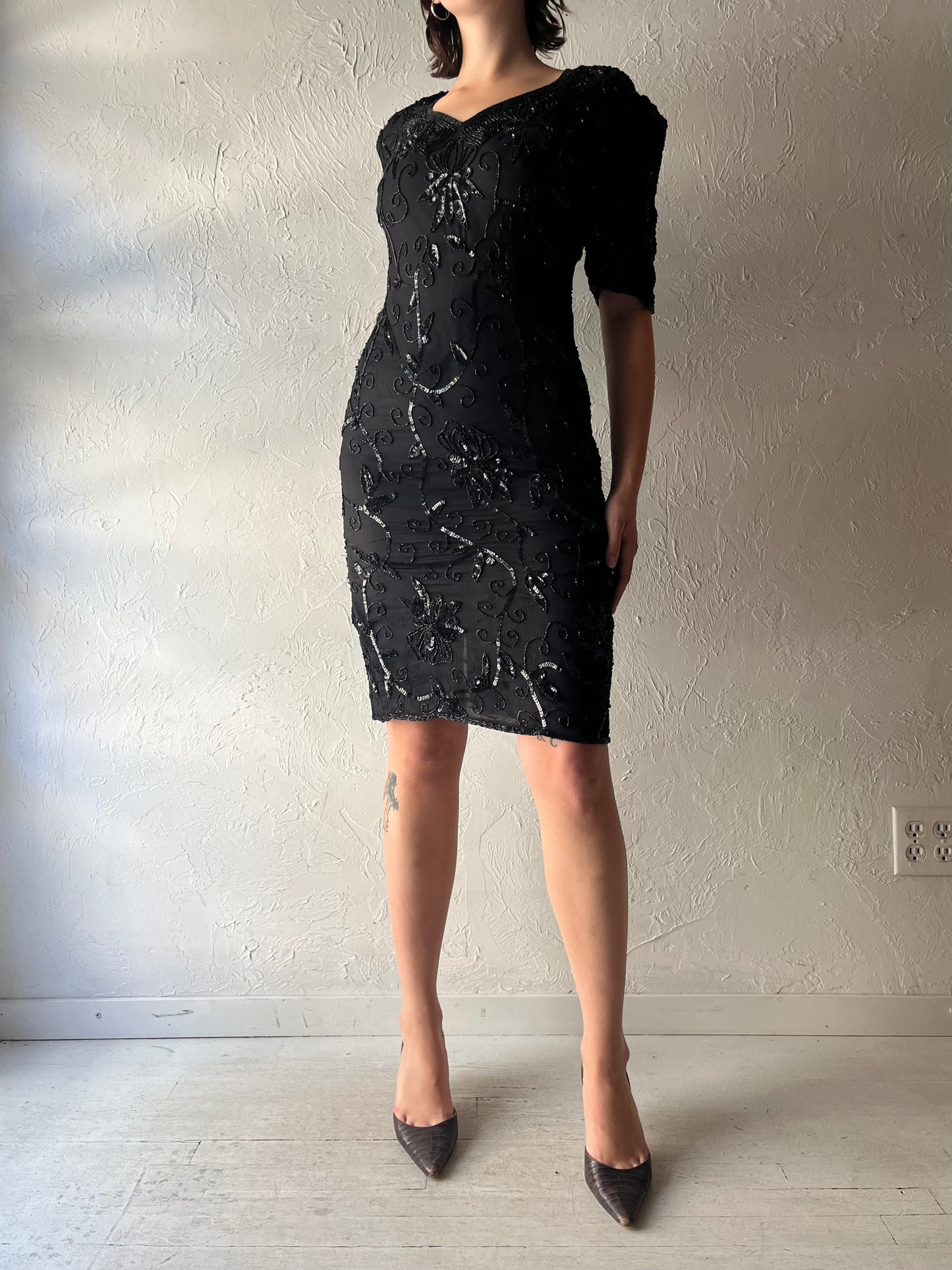 90s Retro Black Sequence Silk Mini Party Dress / Vintage 1990s Holiday Cocktail Formal Dress / Medium