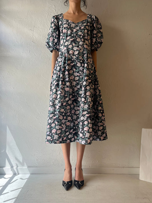90s Handmade Puff Sleeve Floral Dress / Large