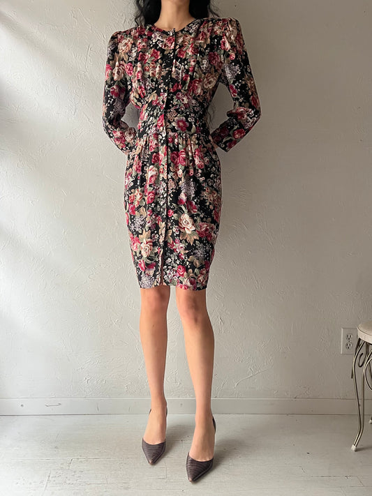 80s 'Evita' Floral Long Sleeve Mini Dress / Medium