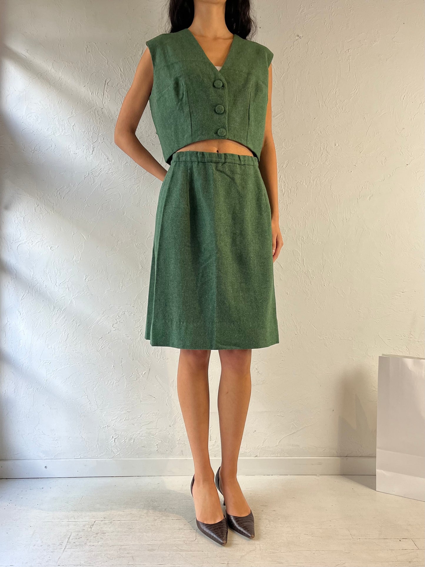 Vintage Handmade Green Wool Two Piece Set / Small