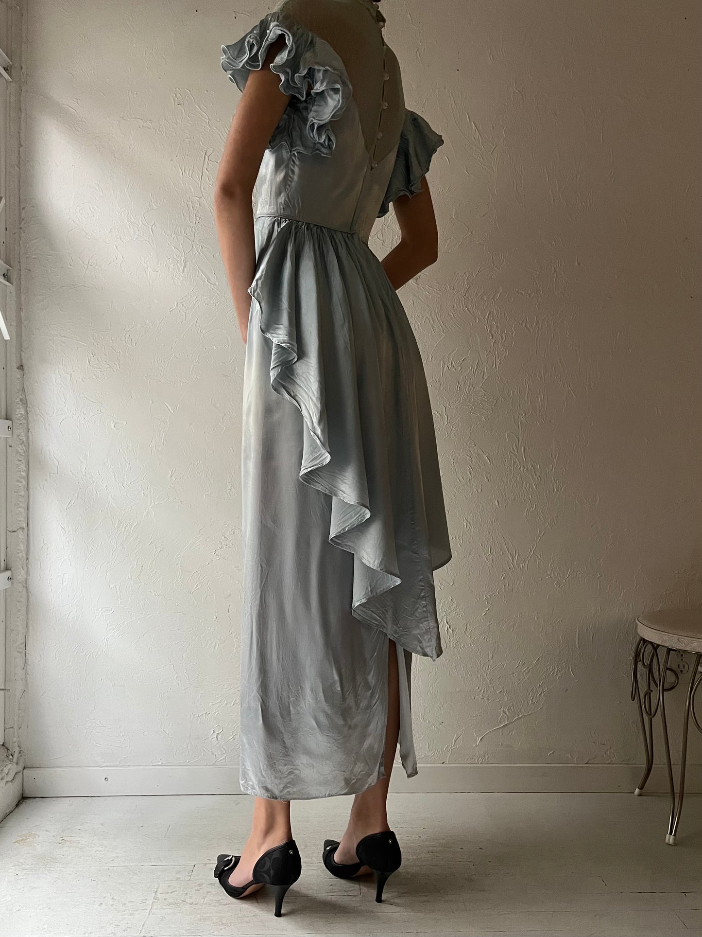 80s Pale Blue Formal Satin Dress / Small