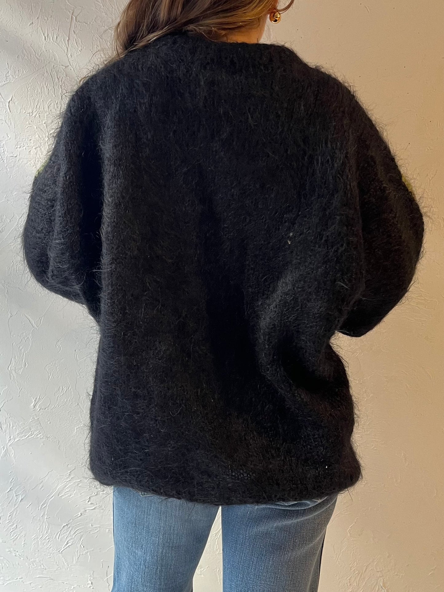 90s 'Chapys' Black Wool Floral Knit Sweater / Medium