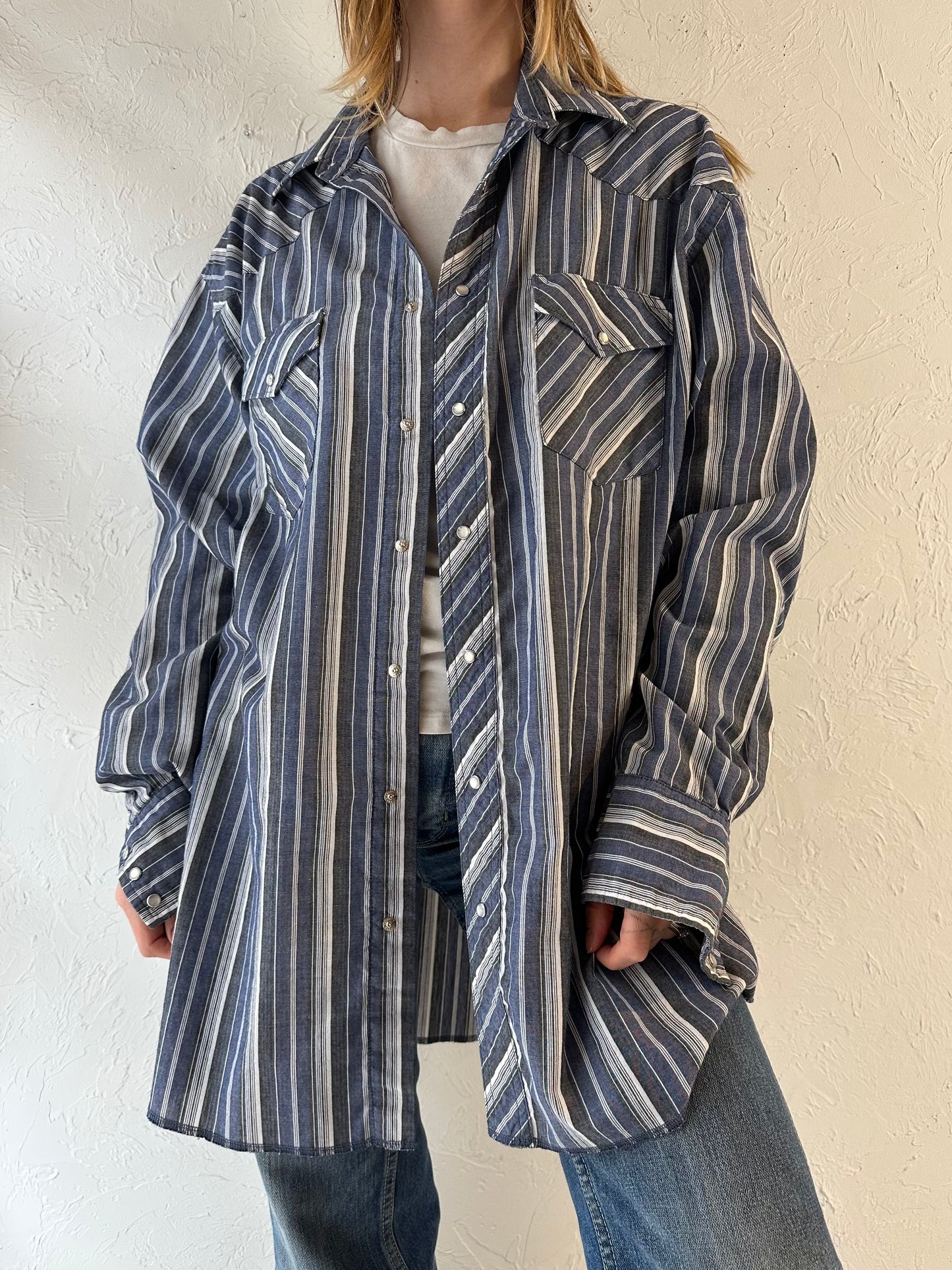 90s ‘Wrangler’ Striped Pearl Snap Shirt / XL