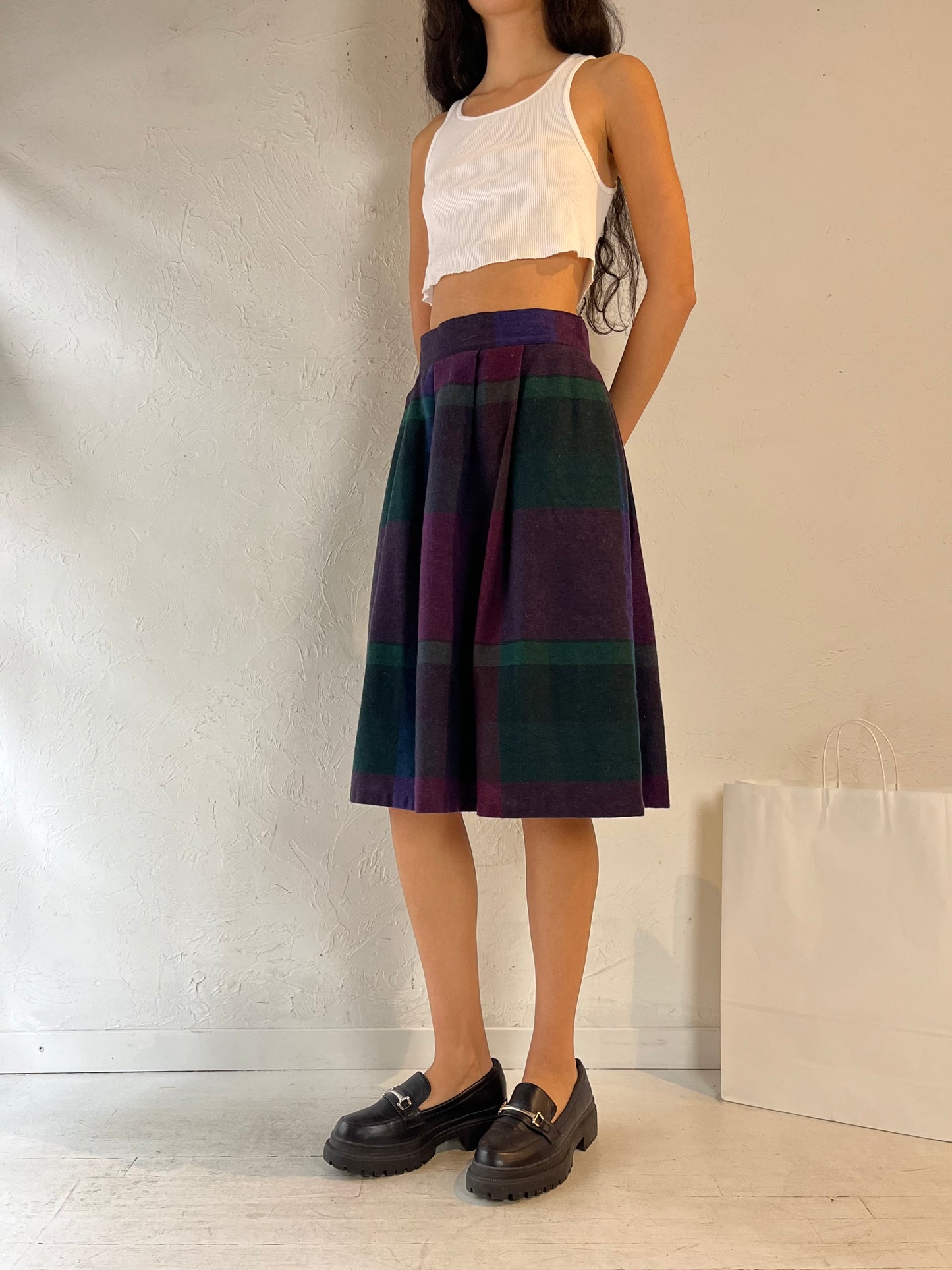 80s ‘Louben’ Plaid Knit Midi Skirt / Small