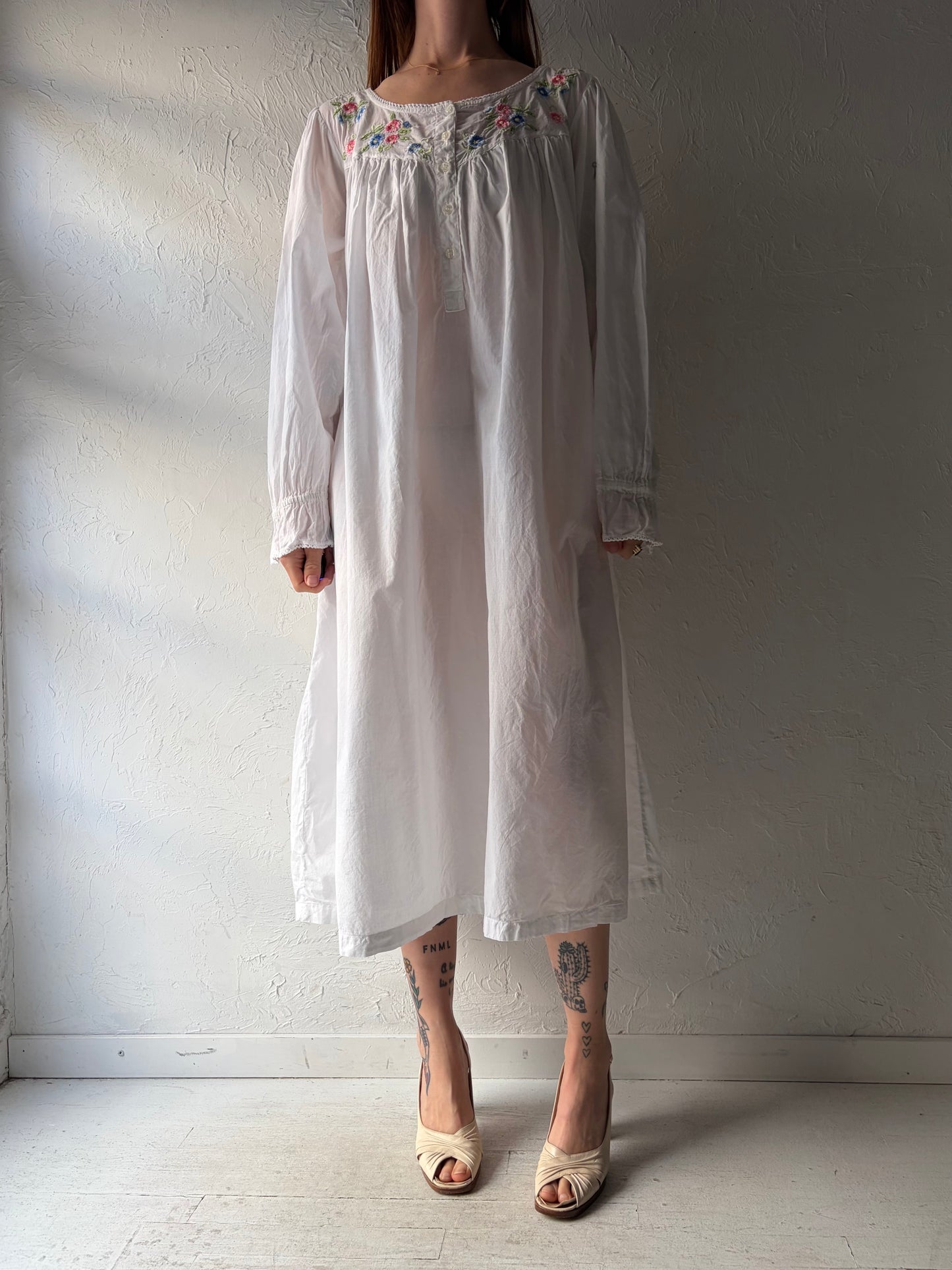 90s 'Honors' Long Sleeve White Cotton Dress / Large