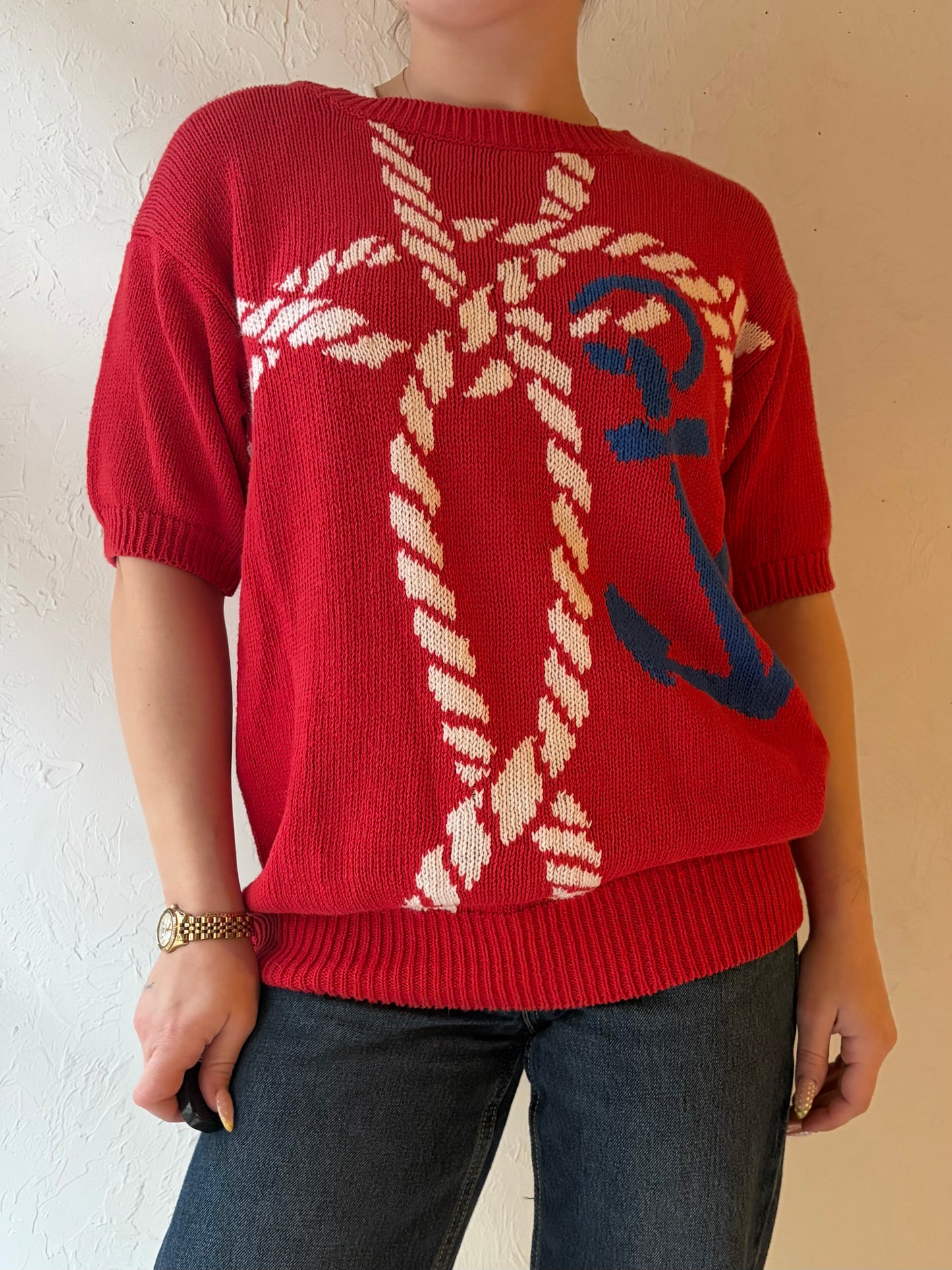 90s ‘Braemar’ Red Nautical Knit T-Shirt / Medium