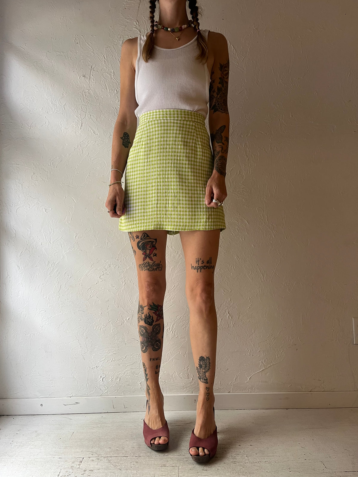 80s Lime Green Gingham High Waisted Checkered Mod Retro Cottagecore Summer Skort / XSmall