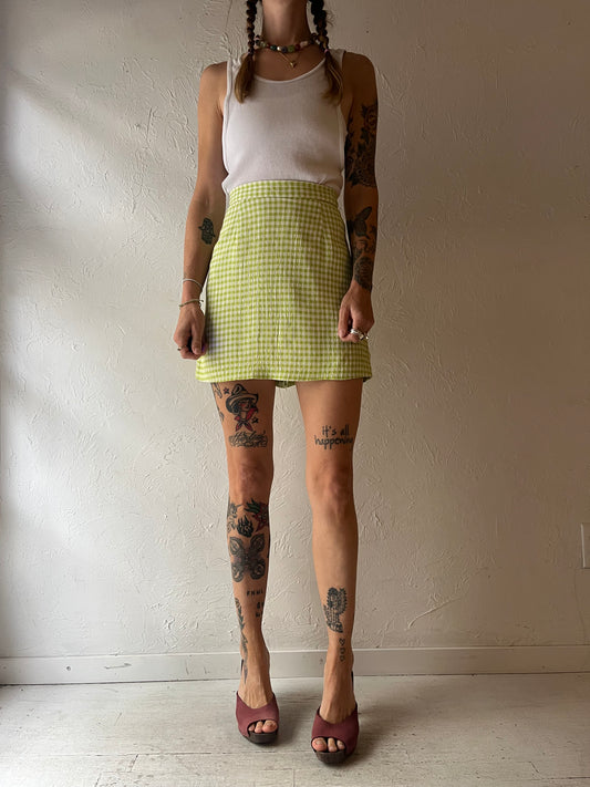 80s Lime Green Gingham High Waisted Checkered Mod Retro Cottagecore Summer Skort / XSmall