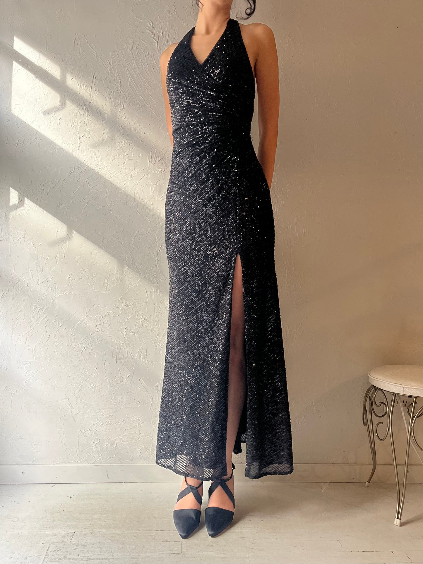 Y2k 'Morgan & Co' Black Sparkly Halter Dress / Small