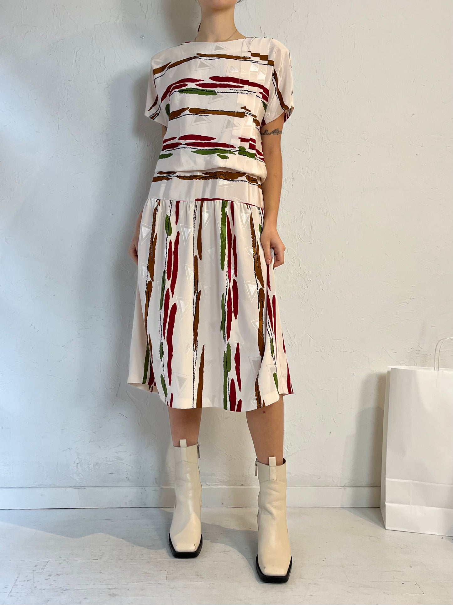 80s 'Nu Mode' Silky Patterned Midi Dress / Medium