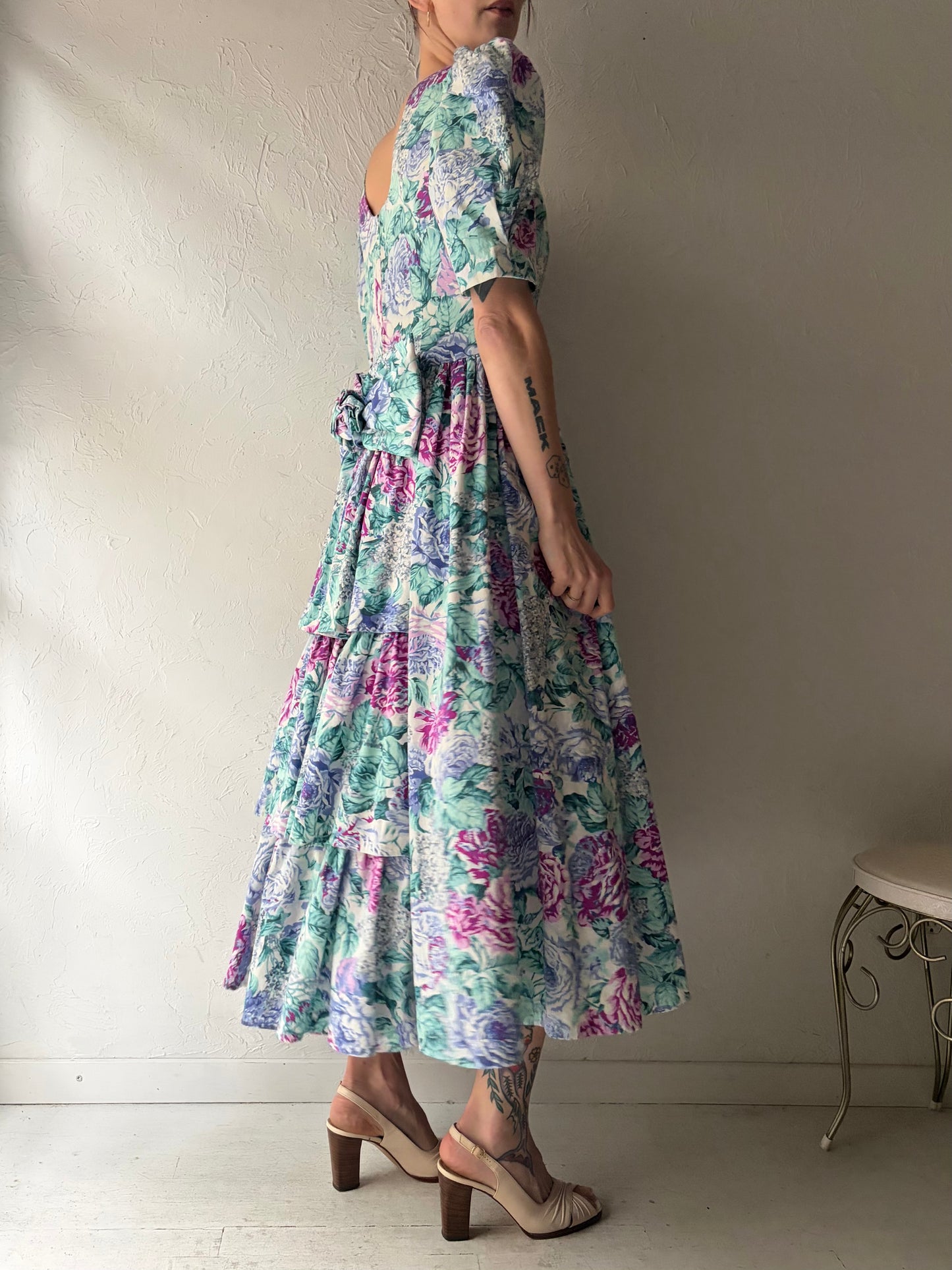 80s Handmade Floral Midi Dress / Small