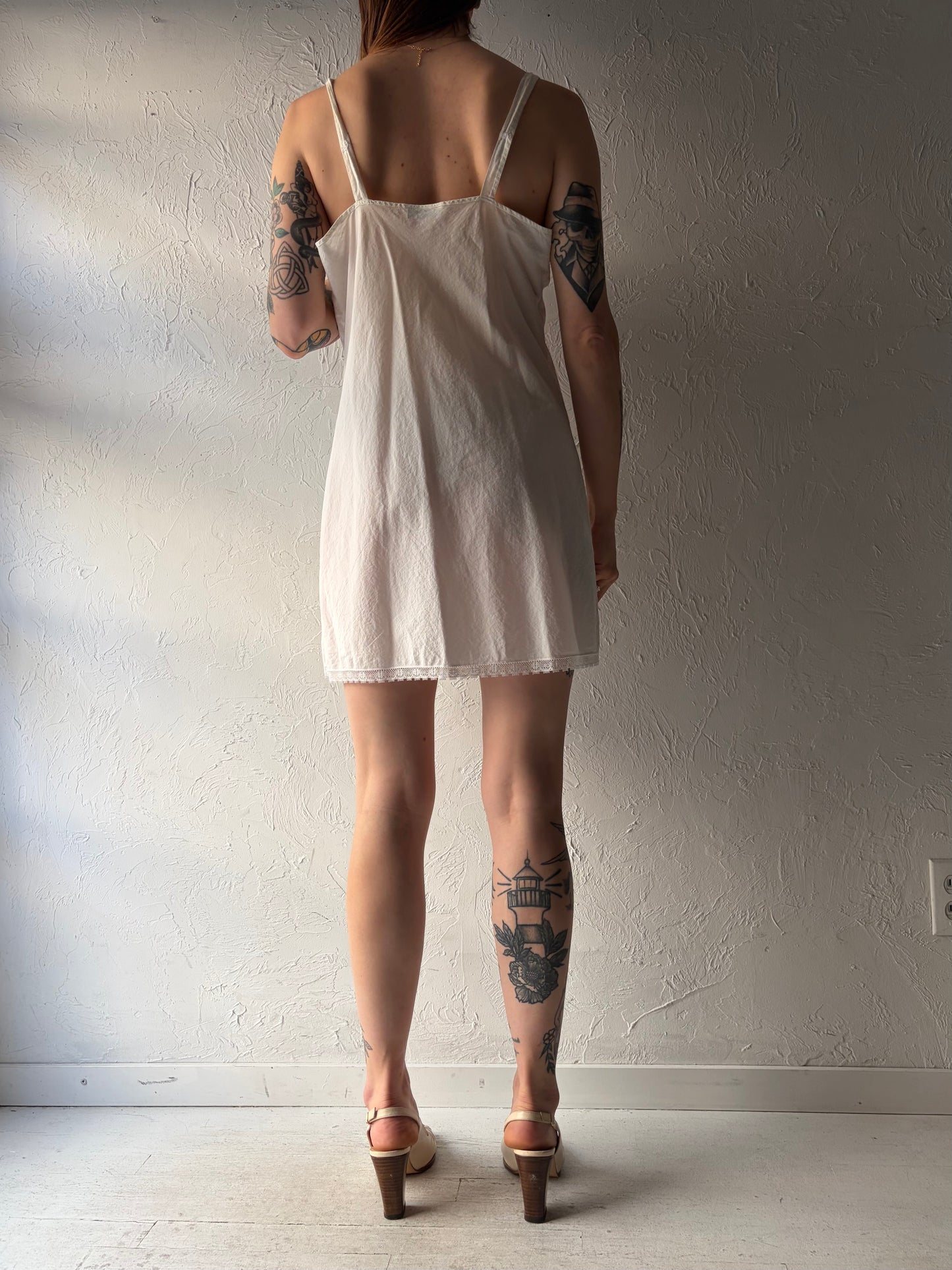 90s 'French Maid' White Cotton Mini Dress / Small