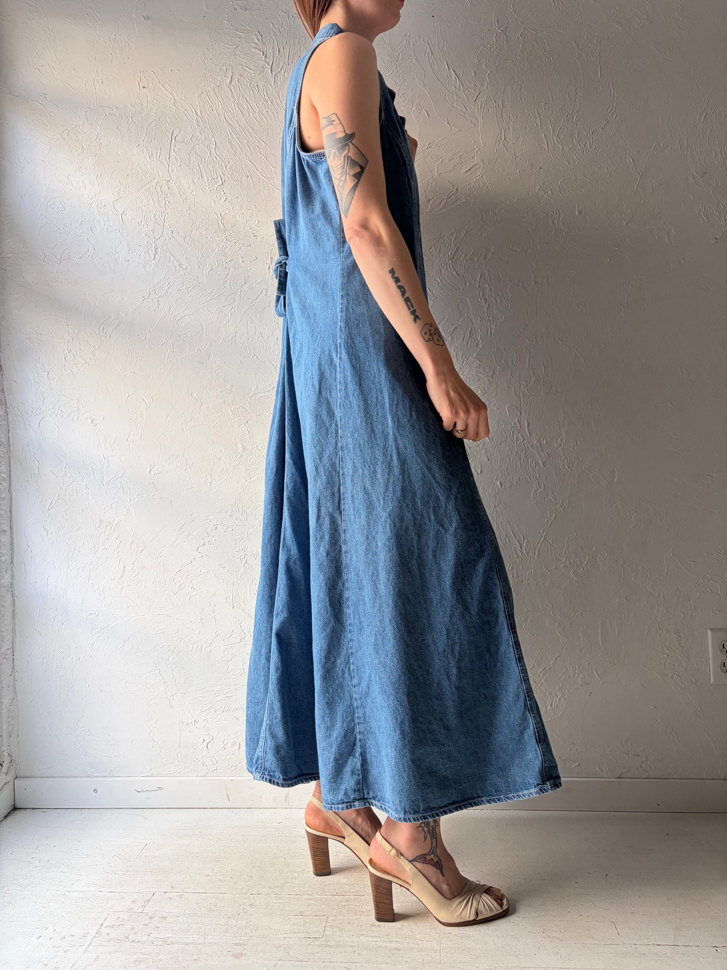 90s 'Tickers' Button Up Collared Denim Maxi Dress / XL