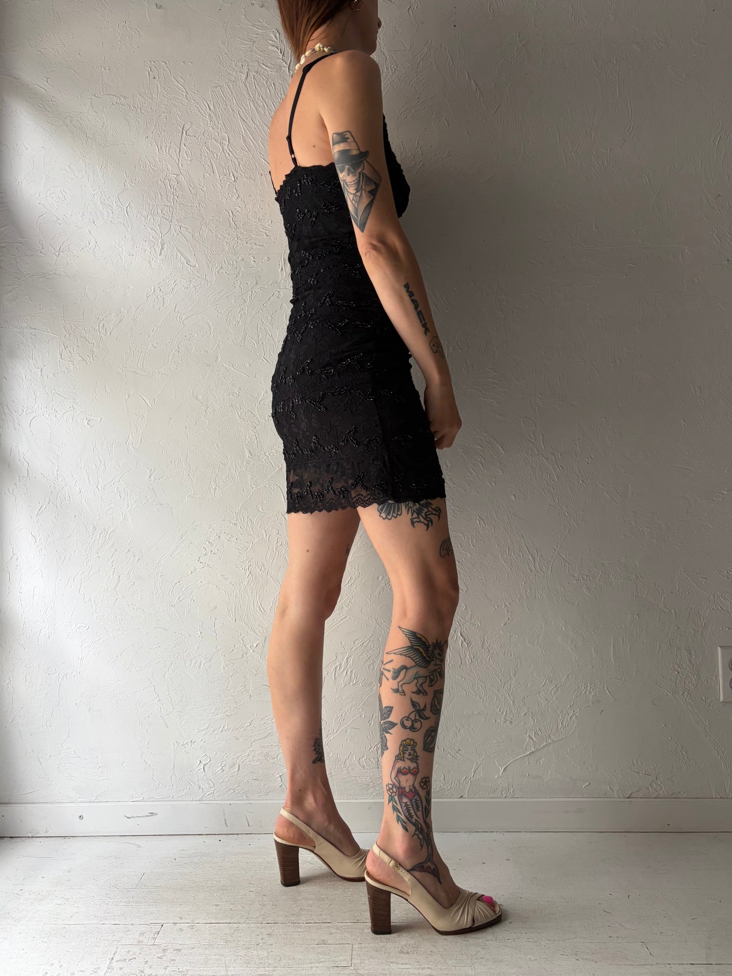 Y2k 'Le Chateau' Black Romanic Lace Beaded Mini Party Dress / XS
