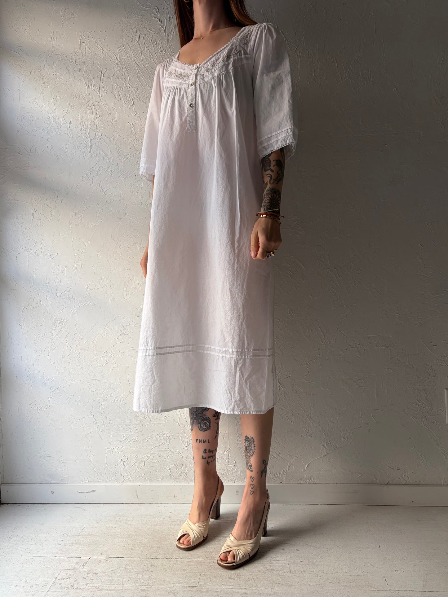 Vintage 'Victoriana' White Cotton Midi Dress / Small