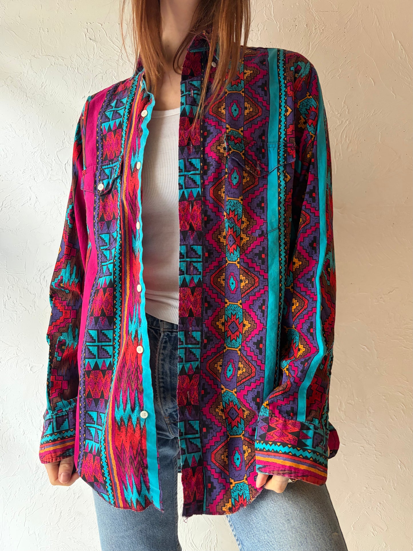 90s 'Wrangler' Aztec Button Up Shirt / Medium