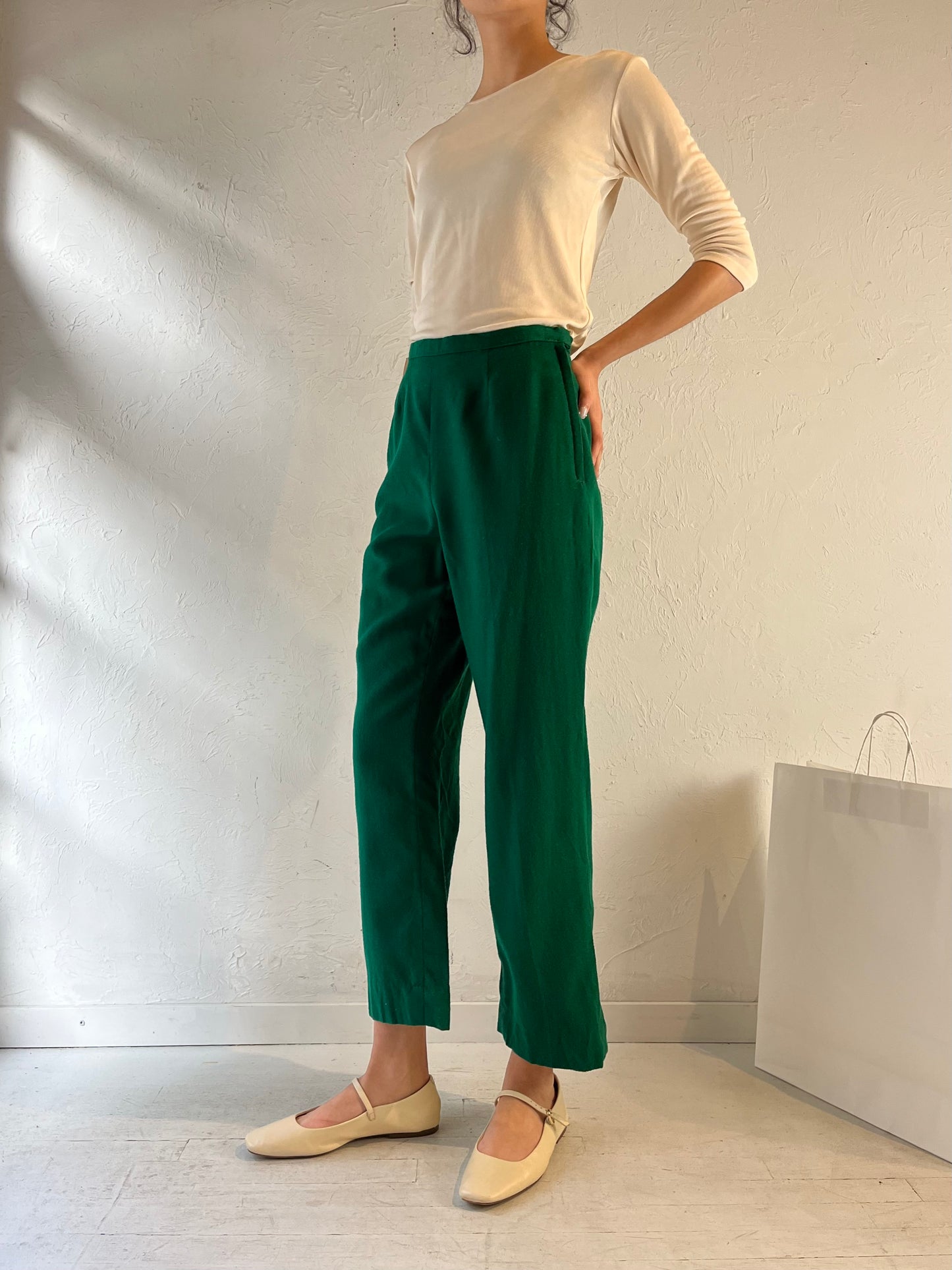 70s Green Wool High Waisted Trousers / Small