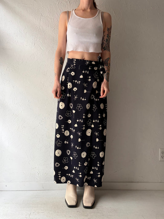 90s 'Beechers Brook' Floral Navy Blue Wrap Maxi Skirt / Small