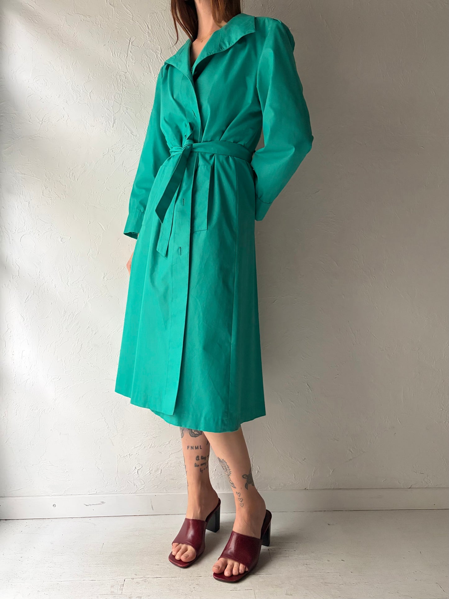 90s 'J. Gallery' Green Trench Coat / Vintage 90s Retro Minimalist Long Rain Jacket / Small